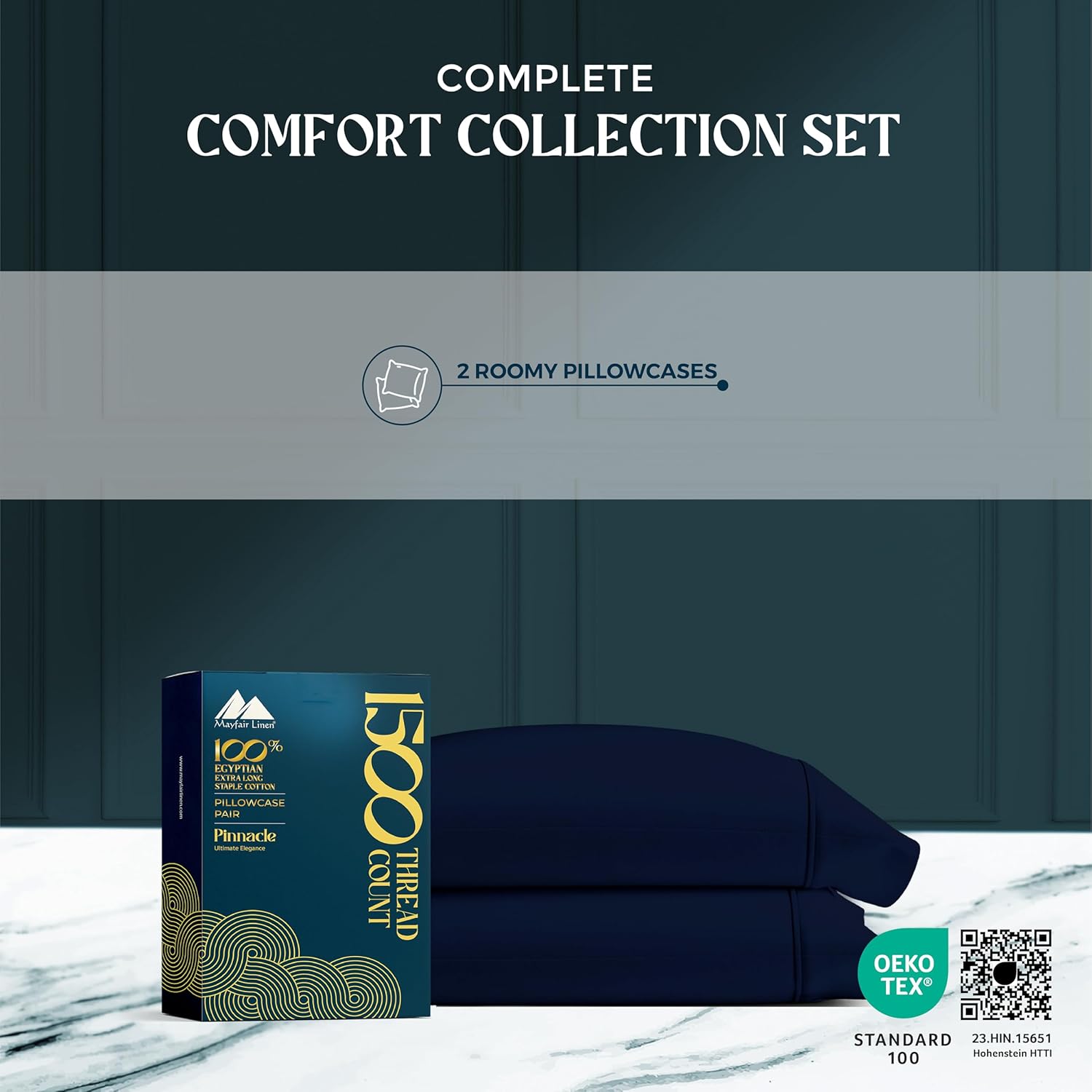 Mayfair Linen 100% Egyptian Cotton Pillow Cases King Size Set of 2 - Luxury 1500 Thread Count Sateen Weave Navy Blue Pillow Covers, Silky Soft, Breathable & Cooling Pillowcases, Fits King Size Pillows