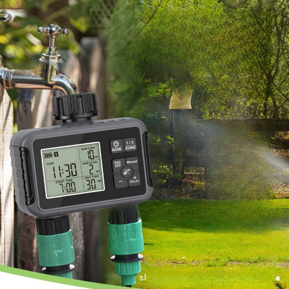 Temporizador de agua programable para grifo de jardín con configuración de entrada y salida de zonas duales independientes y capacidad de anulación manual