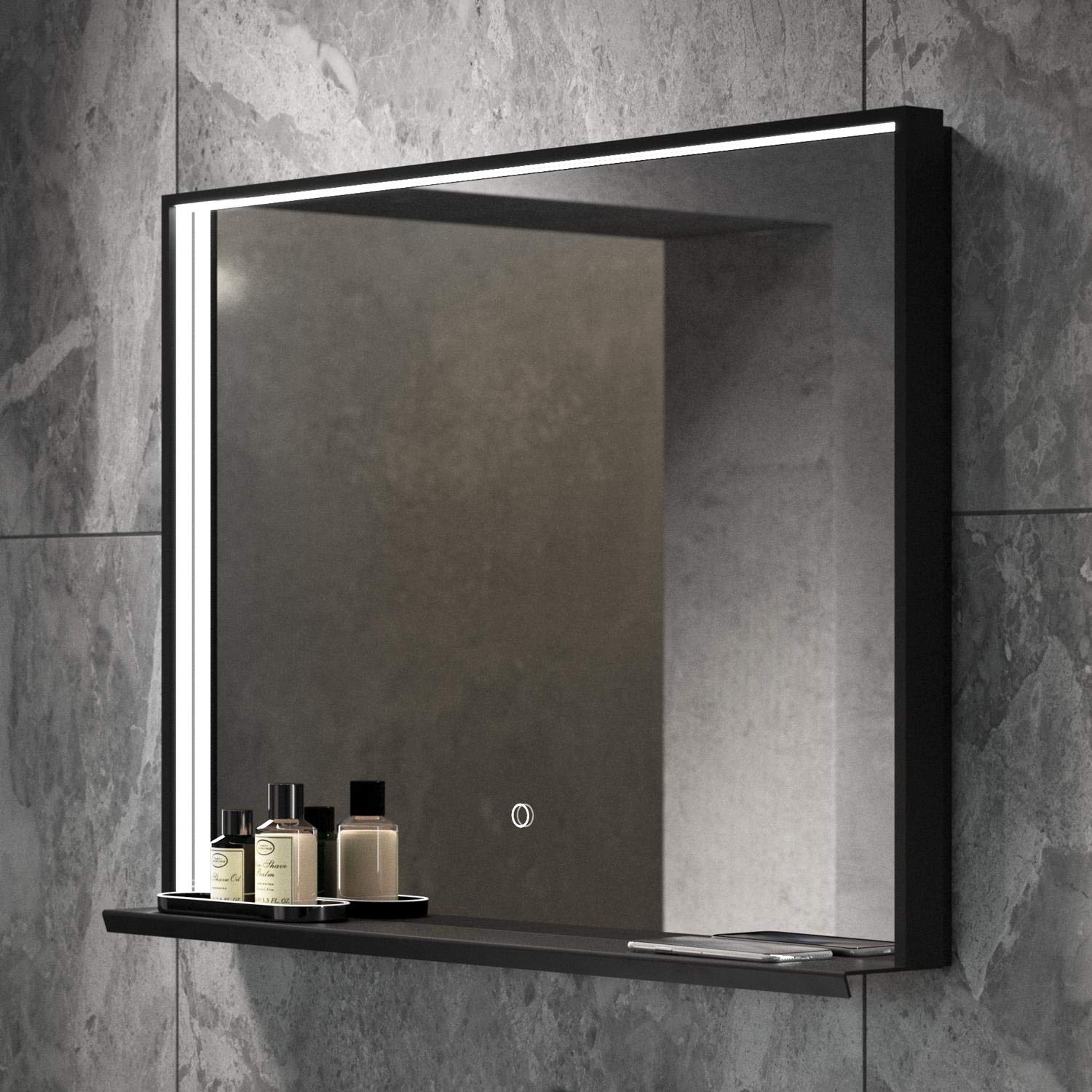 Pebble Grey™ 800x600mm Fusion LED Illuminated Bathroom Mirror with Shelf | QI Wireless Charger | Demister | Touch Sensor
