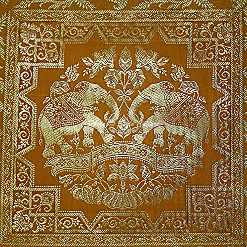 Image of Decorative Brocade Cushion Covers 16x16 inch Banarasi Jacquard Mustard Yellow & Gold Home Decor Elephant Traditional Square 40x40 cm Zippered Sofa Settee Pillowcases -Set of 5 Pcs