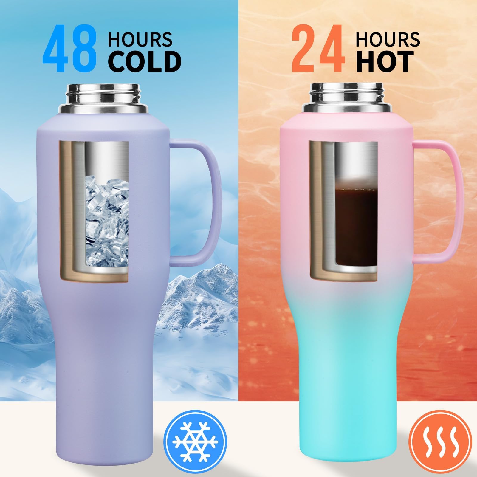 Vaso de 40 onzas con asa, botella de agua aislada con popote, tapa de boquilla automática, bolsa de transporte, termo de metal morado, taza de café de viaje para portavasos de automóvil,