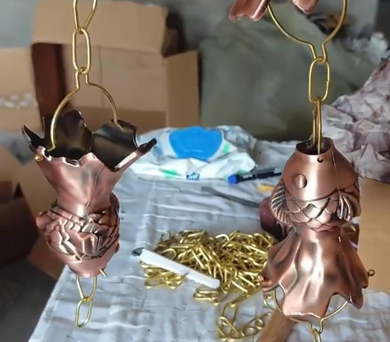 Rainwater Chain，Drainage chain Rain Chain Copper Fish Rain Chains for Outside, style Eaves Water Diversion Gutters, Temple Villa Rain Guide Heavy Rain(240cm (8ft))