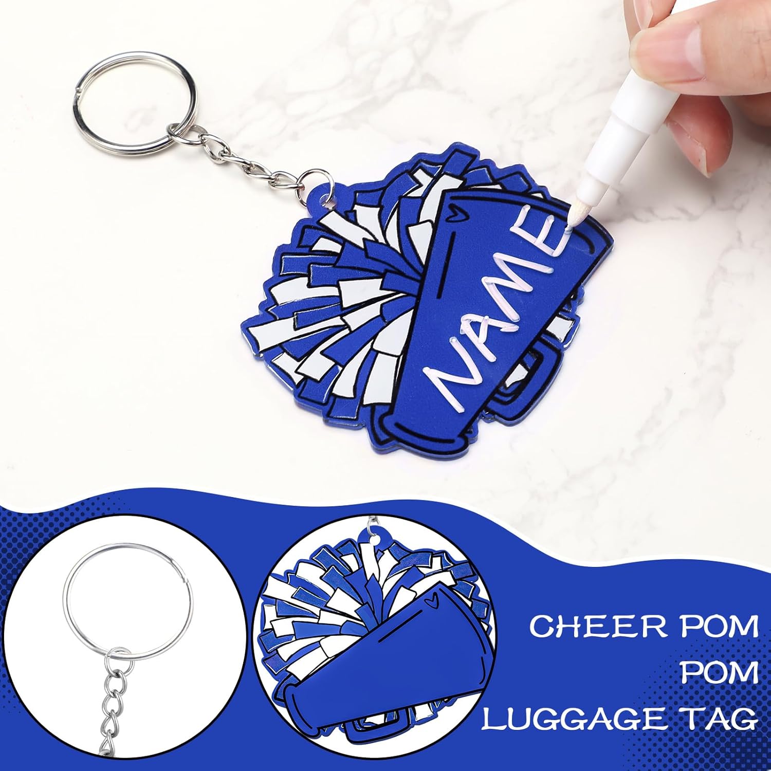 Tondiamo 20 Pcs Megaphone Cheer Keychain Bulk Cheer Gifts Cheerleader Pom Pom Bag Tag Cheerleader Acrylic Luggage Keychain Valentines Gift(Blue) - Image 3