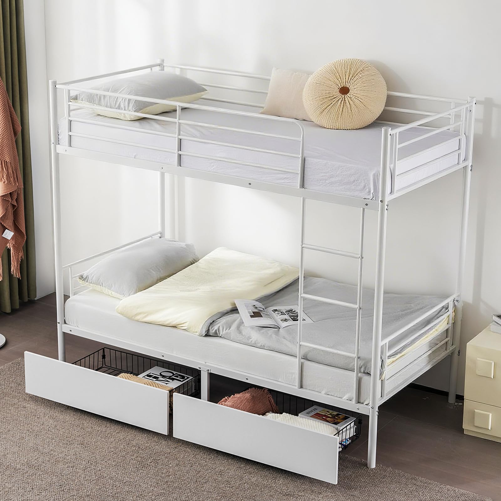 Karl home Heavy Duty Metal Bunk Bed Frame with 2 Large Drawers, Space Saving Double Single High Loft Beds w/Guardrails & Ladder for Small Rooms, Adults Teen Fit for 5"-8" Mattress, White
