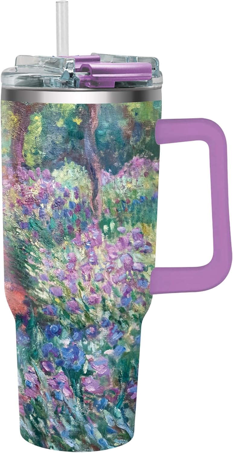 RainCaper 18/8 Stainless Steel Insulated Water Tumbler with Straw | 30oz, BPA-Free, Double Wall for Hot & Cold | Travel-Friendly, Cup Holder Ready (Monet Garden at Giverny)