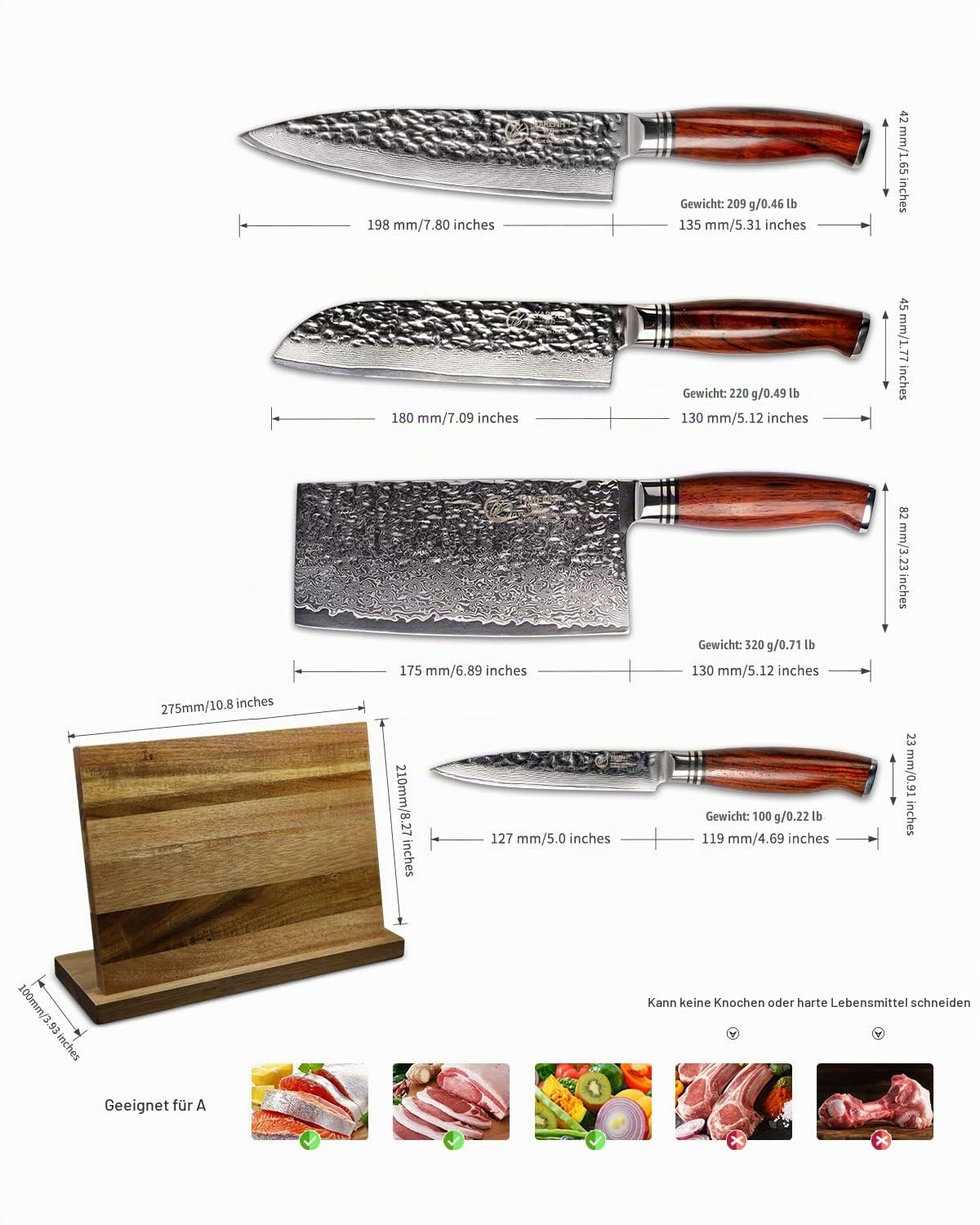 YARENH Damastmesser Set 5 er, Scharfe Messer aus 73 Lagen Damaststahl Klinge und Holzgriff, Messer Set mit Messerblock aus Holz und Hackmesser - chinesisches kochmesser HTT-Serie