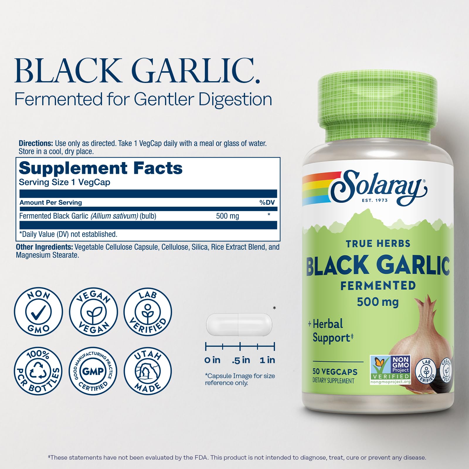 SOLARAY Black Garlic 500mg | Ajo | 50 Vegcaps, 200 g