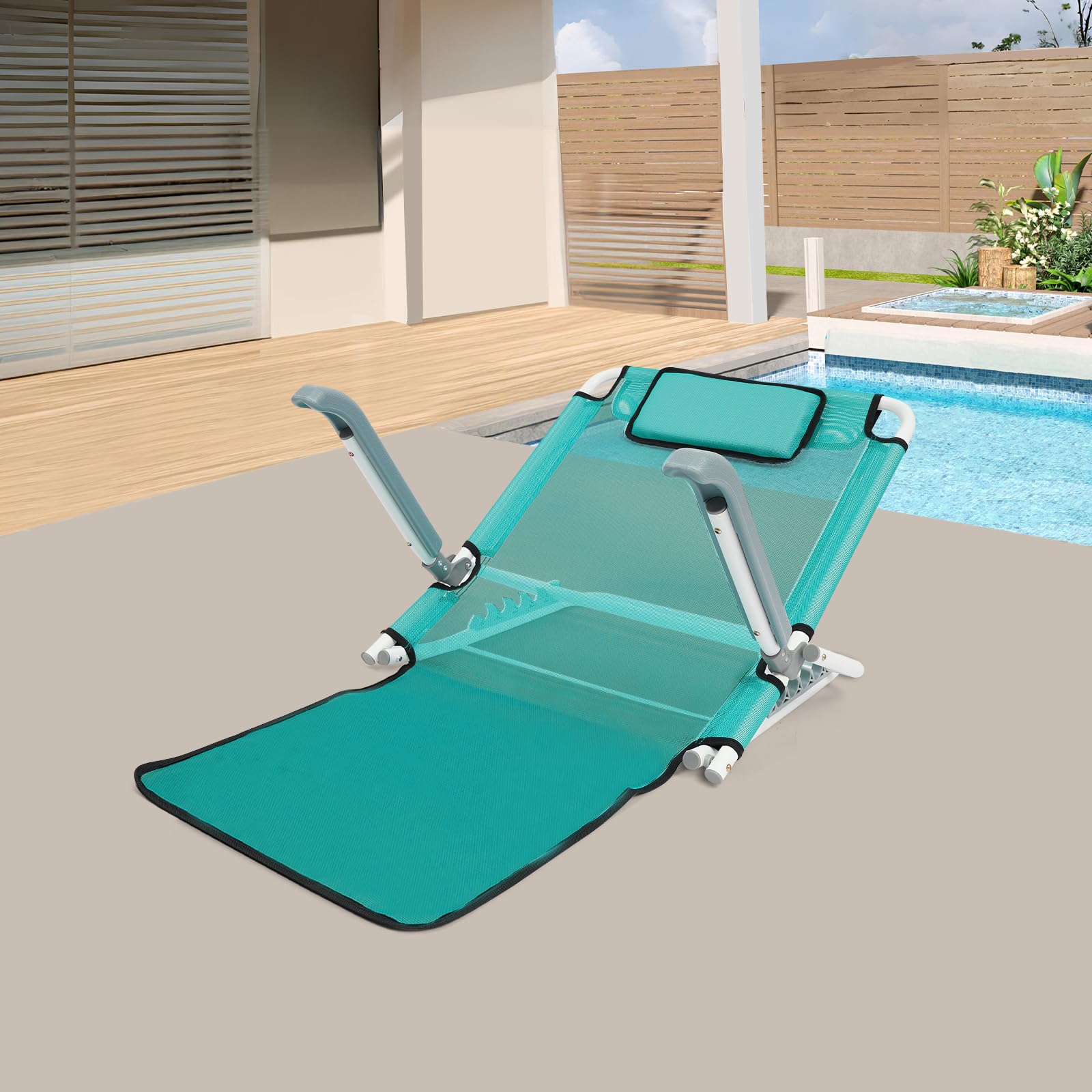 Dossier réglable - Matelas de plage portable - Support dorsal - Lit de plage pliable léger - 5 niveaux d'inclinaison - Résistant à l'humidité - Avec accoudoirs, masque pour les yeux et