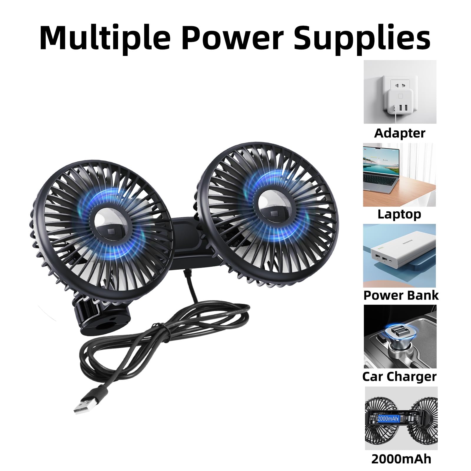 Ventilador de coche para asiento trasero, silencioso de 12 V, 3 velocidades, rotación de 360°, ventilador USB de doble cabezal, fuerte potencia eólica para autos universales, SUV, sedán 4