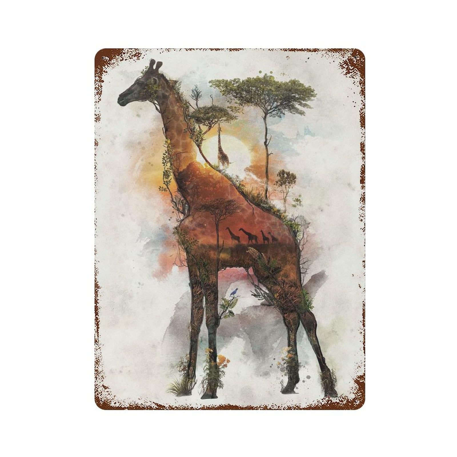 Vintage Metal Tin Sign Giraffe Surreal 15.7"x11.8", Classic Wall Plaque for Pub, Kitchen And Man Cave Decor