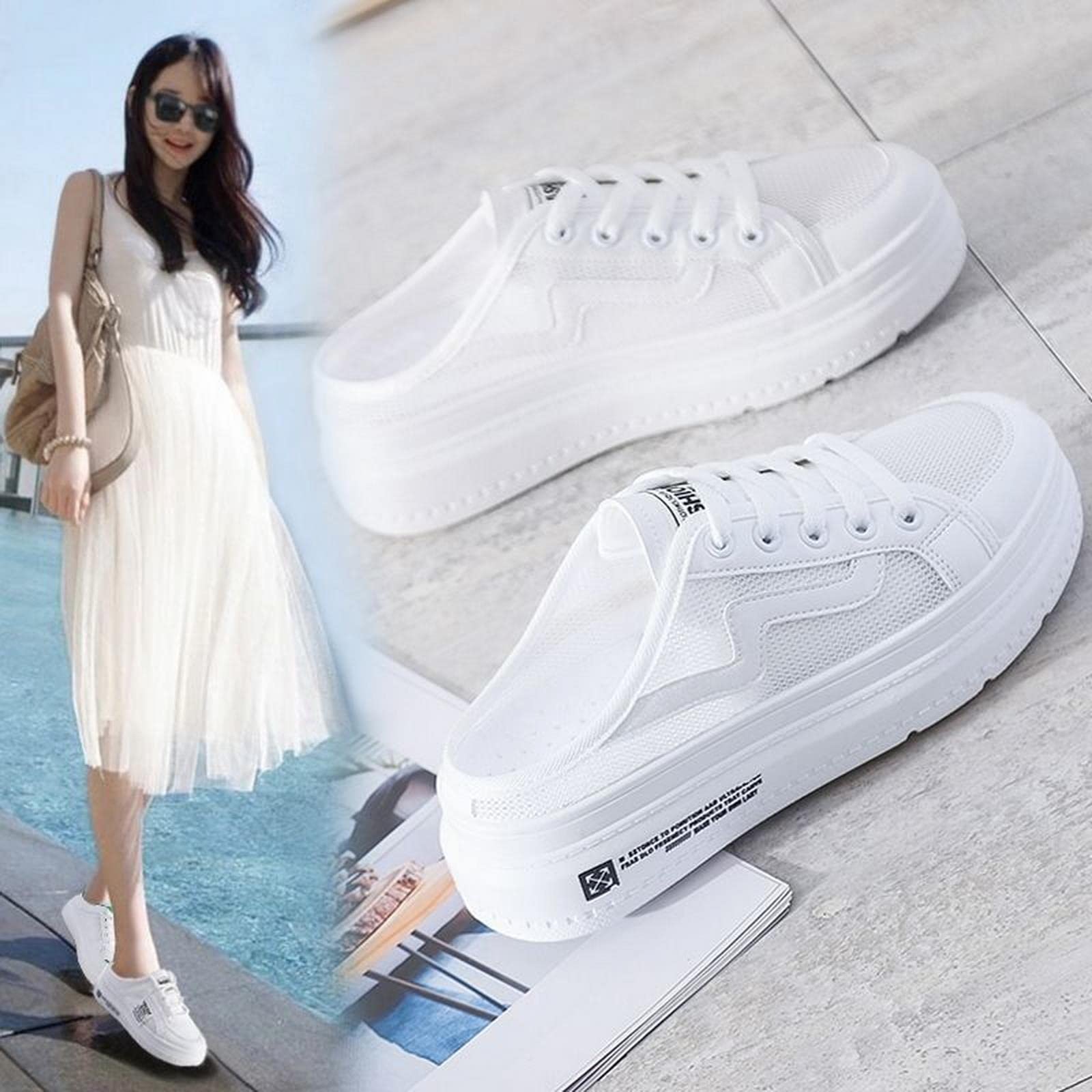 MOGSA Pantoufles pour femme - Demi-chaussons assortis à bout fermé - Pantoufles d'extérieur à plateforme - Chaussures blanches