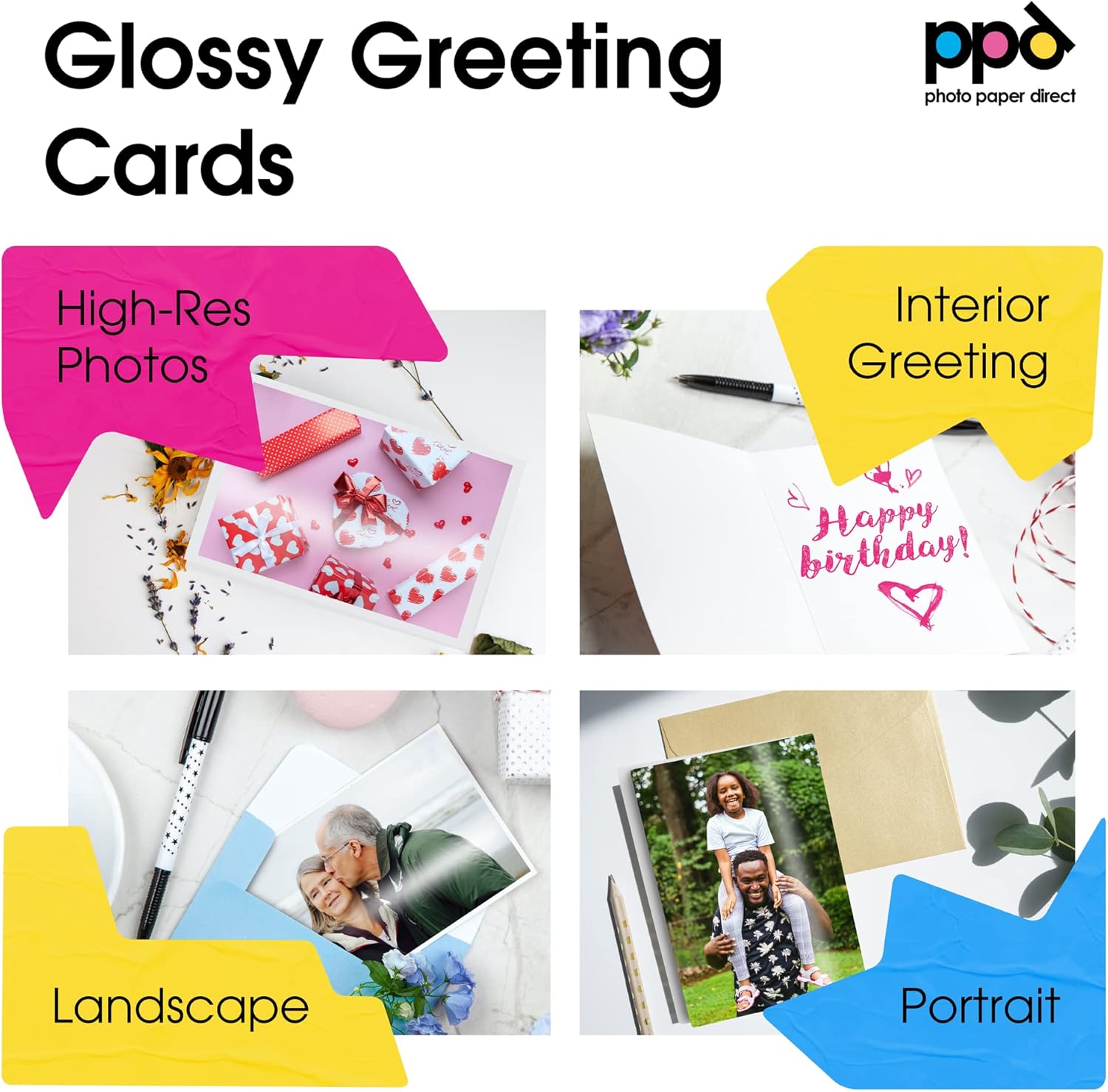 PPD Inkjet Bundle Large Glossy Printable Greeting Cards LTR 8.5 x 11" 64lbs With Envelopes x 50 Sheets and Glossy Printable Greeting Cards 5.5 x 8.5" 64lbs With Envelopes x 50 Sheets