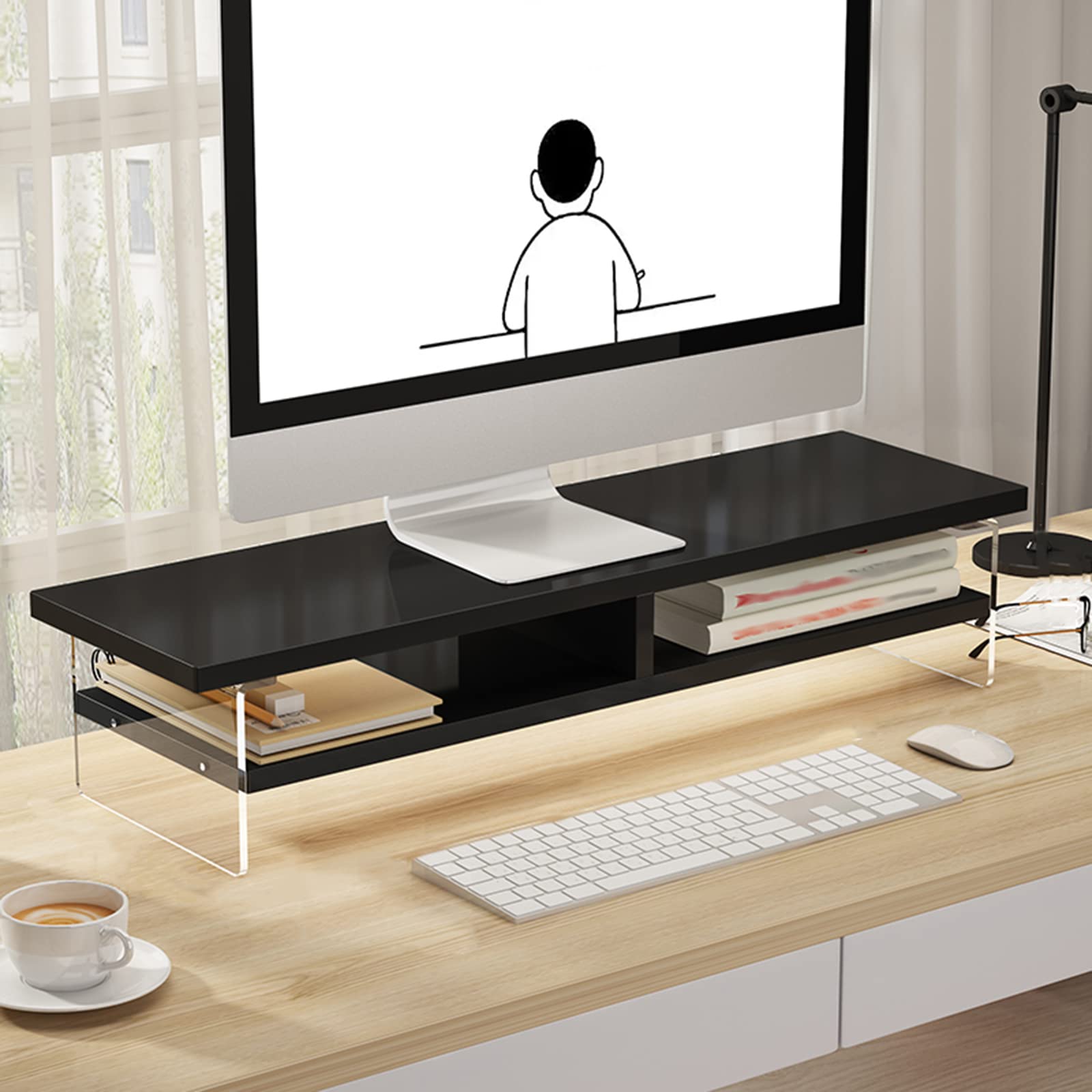 Supporto per monitor in legno con supporto in acrilico trasparente per computer multi media, supporto da tavolo per TV nero 60 cm