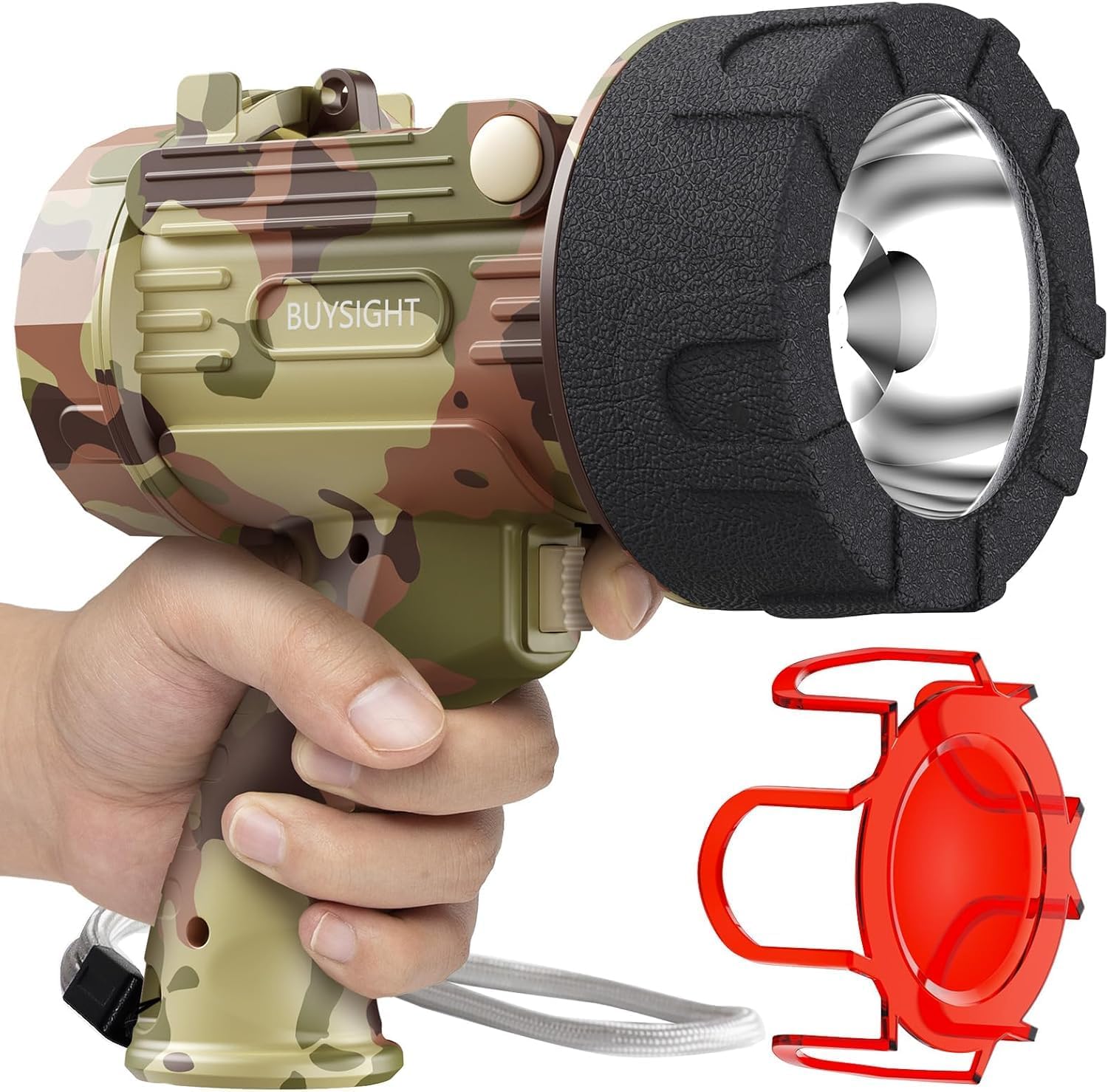 BUYSIGHT Rechargeable Spotlight Flashlight, Actual 1500 Lumens Handheld Spotlight, Waterproof Hunting Lamp with Red Filter (Camouflage Grey)