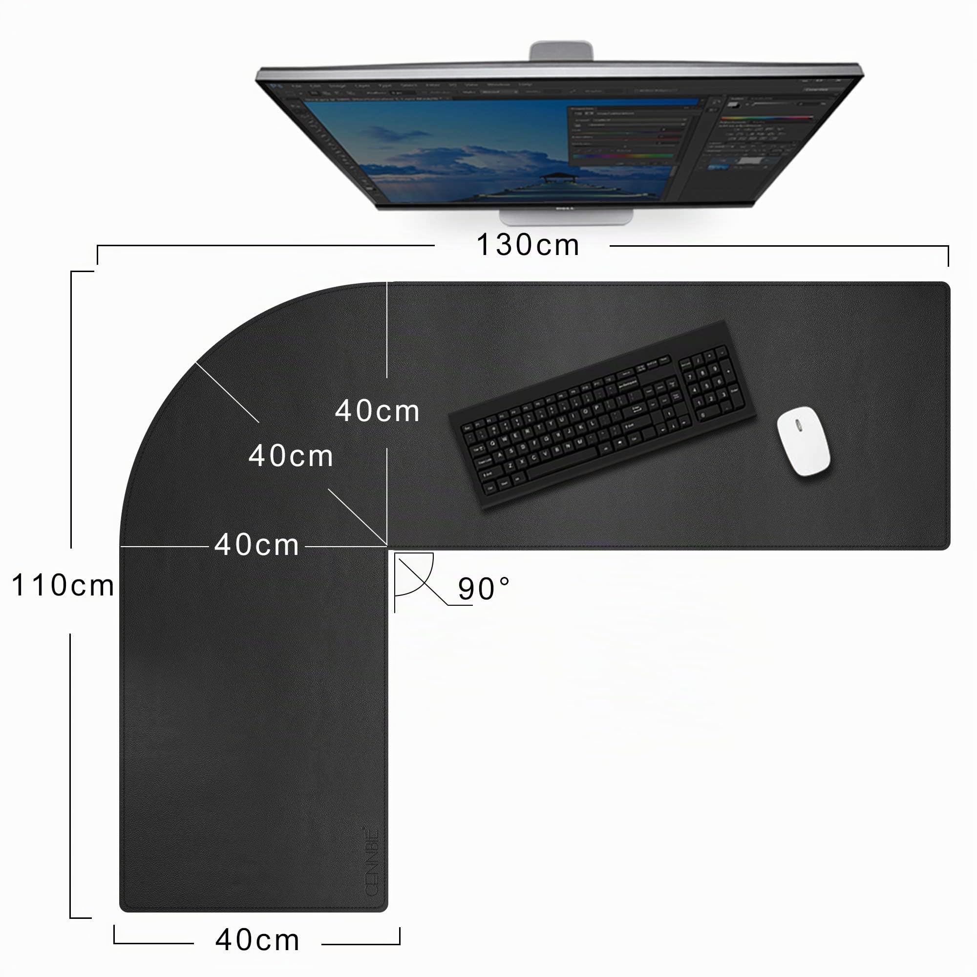 CENNBIE doppia faccia sottomano scrivania angolare,110x130x40cm Tappetino Scrivania pelle a forma di L,estesa tappetino mouse pelle impermeabile e antiscivolo ，per Casa/Ufficio(nero)