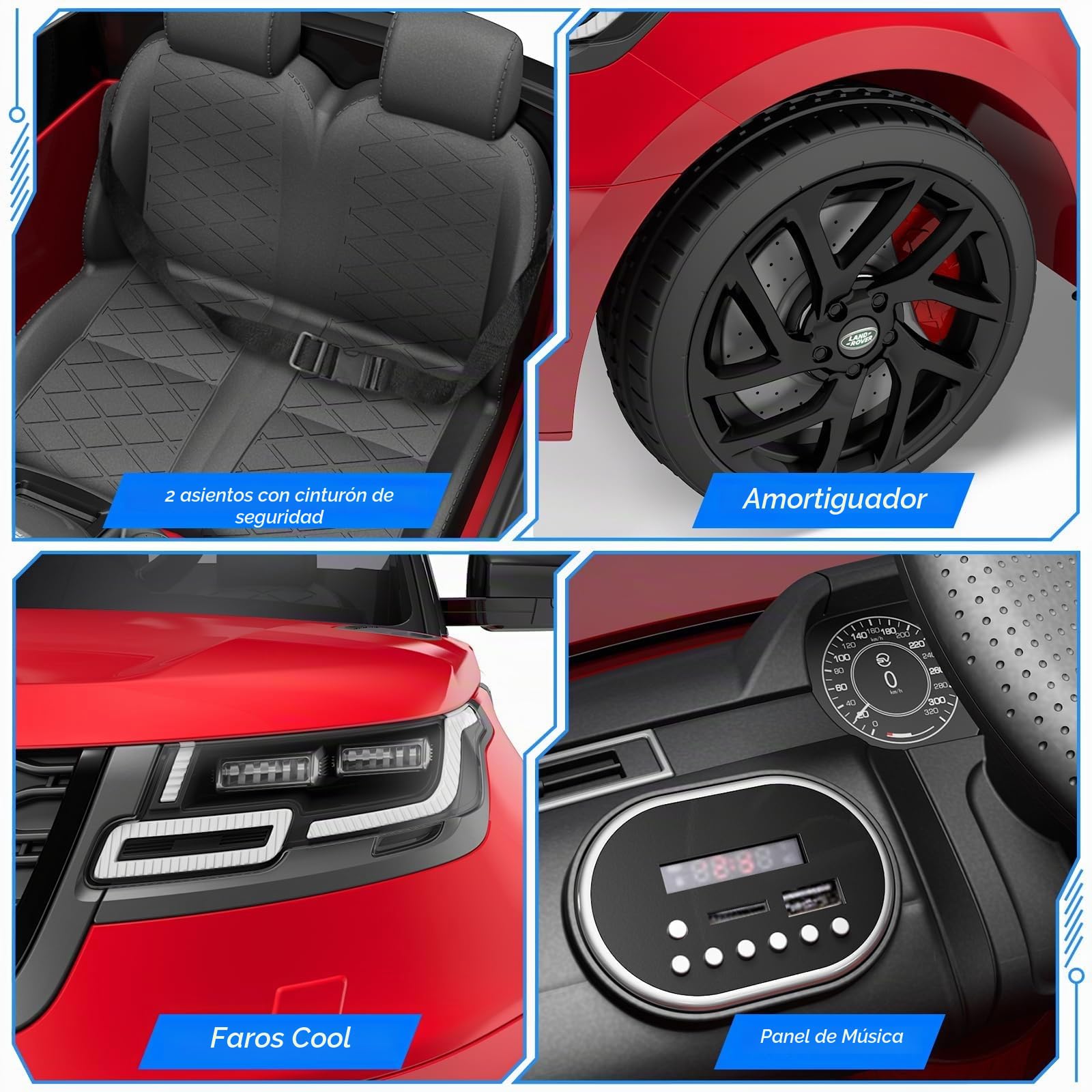 Garvee Coche Eléctrico Infantil con Licencia Land Rover - Grande 2 Plazas, Puertas Hidráulicas, Doble Motor 12V, Control Remoto 2.4G, Altavoz, Bocina, Luces LED, Seguro Niños 3-6 Años, Color Rojo