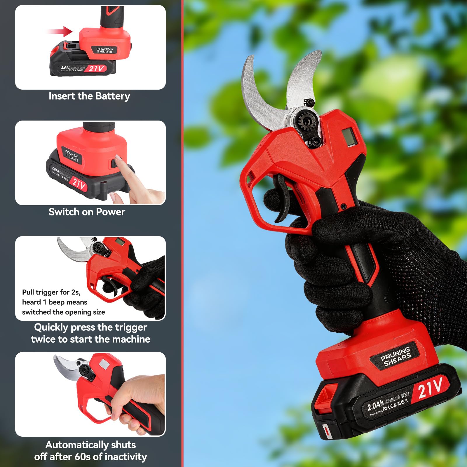 Forbice Potatura a Batteria 50mm: 2 x 21V/2000 mAh Batteria Cesoie Potatura Elettriche Professionali Forbice Elettrica per Potatura con LCD Display per Jardinage, Olives Rosso