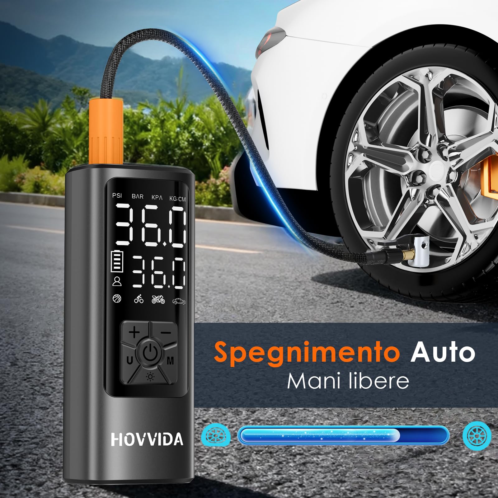 HOVVIDA Compressore Aria Portatile, Compressore Portatile, Compressore Portatile Moto, 150 PSI (10,3 Bar) 5V, Inflazione Rapida, Spegnimento Automatico, LED, per Auto, Moto, Bicicletta, Palla