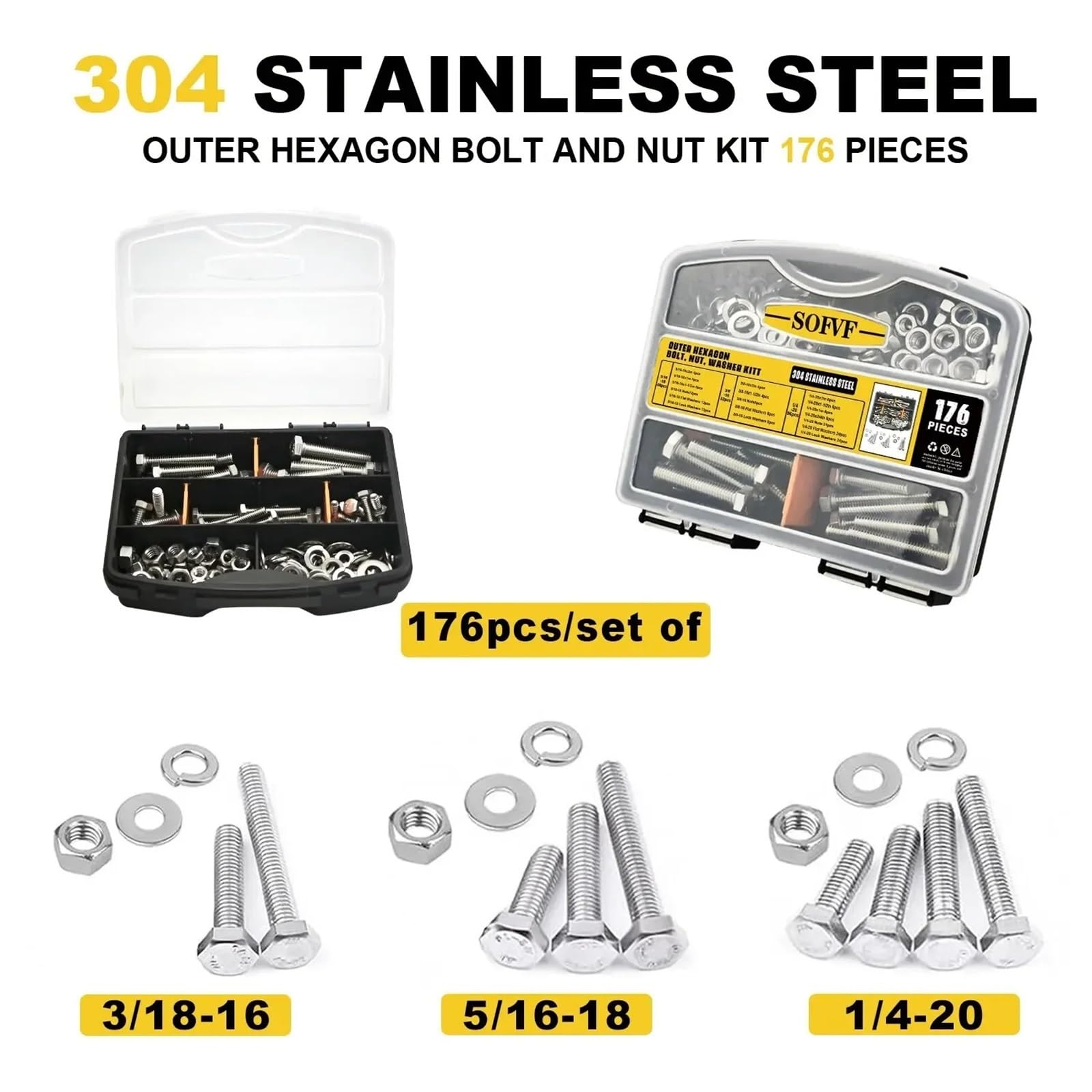 Kit de clasificación pernos y tuercas alta resistencia 176 piezas, tornillos cabeza hexagonal acero inoxidable 304, apto for reparaciones mecánicas Juego de Tornillos y Tuercas