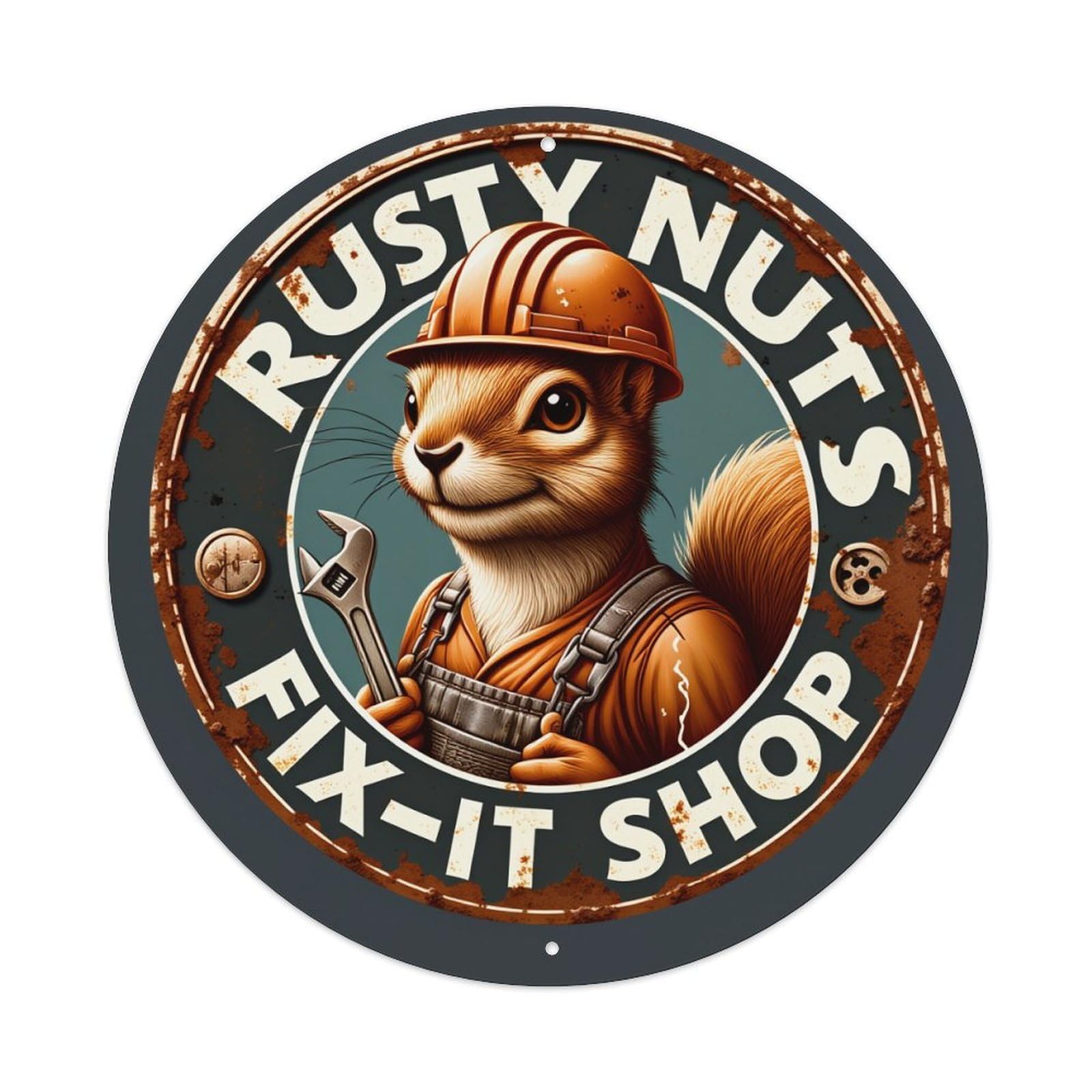 Rusty Nut Squirrel Mechanic Wrench Round Tin Sign Retro Metal Sign for Cafe Bar Pub Home Game Room Gym Club Wall Decoration Vintage Metal Poster 8x8 Inch
