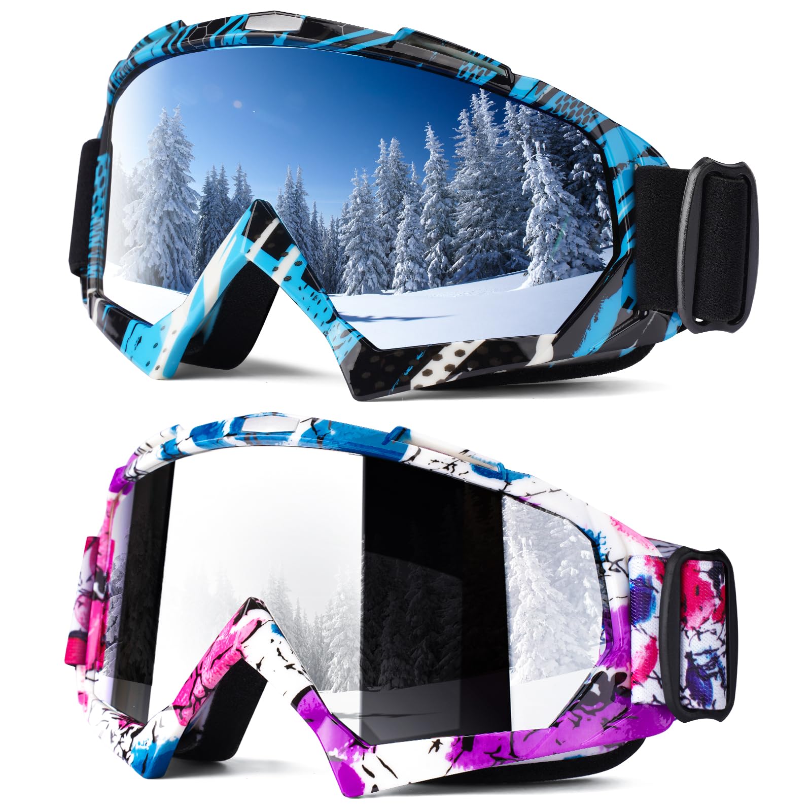 Braylin Adult Ski Goggles, 2-Pack Snowboard Goggles for Youth, Teens, Men & Women, Wide View Snowmobile Goggles