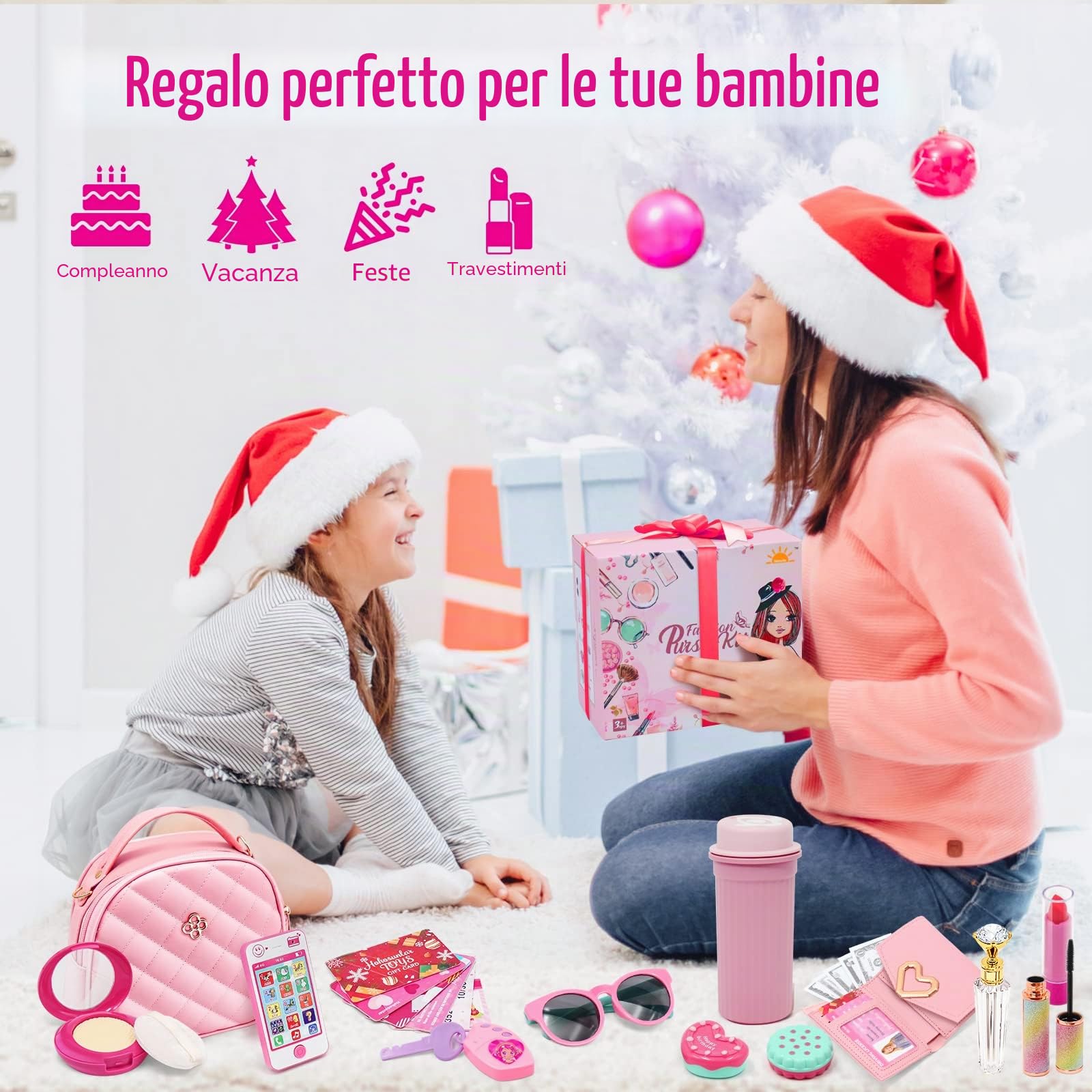 Borsetta per Bambina con Accessori Giocattolo, Trucchi Bambina, Telefono Giocattolo con Luce e Suono Portafoglio Carta di Credito Bottiglia d'acqua, Regali di Compleanno di Natale per Ragazze 3+ Anni