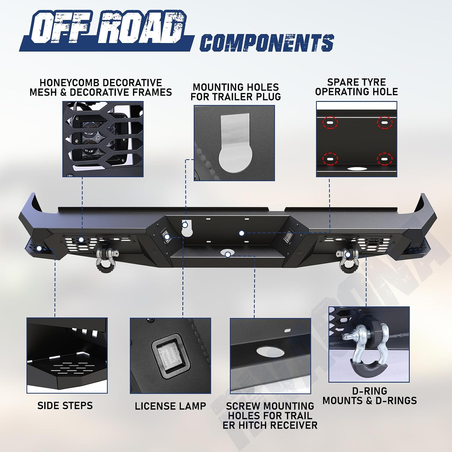 Ram 1500 Front + Rear Bumper Combo for Dodge 2013-2018 Ram 1500 Pickup Truck; 2019-2024 RAM 1500 Classic (Excluding Rebel & Warlock), Rock Crawler Bumper with D-ring and LED Lights
