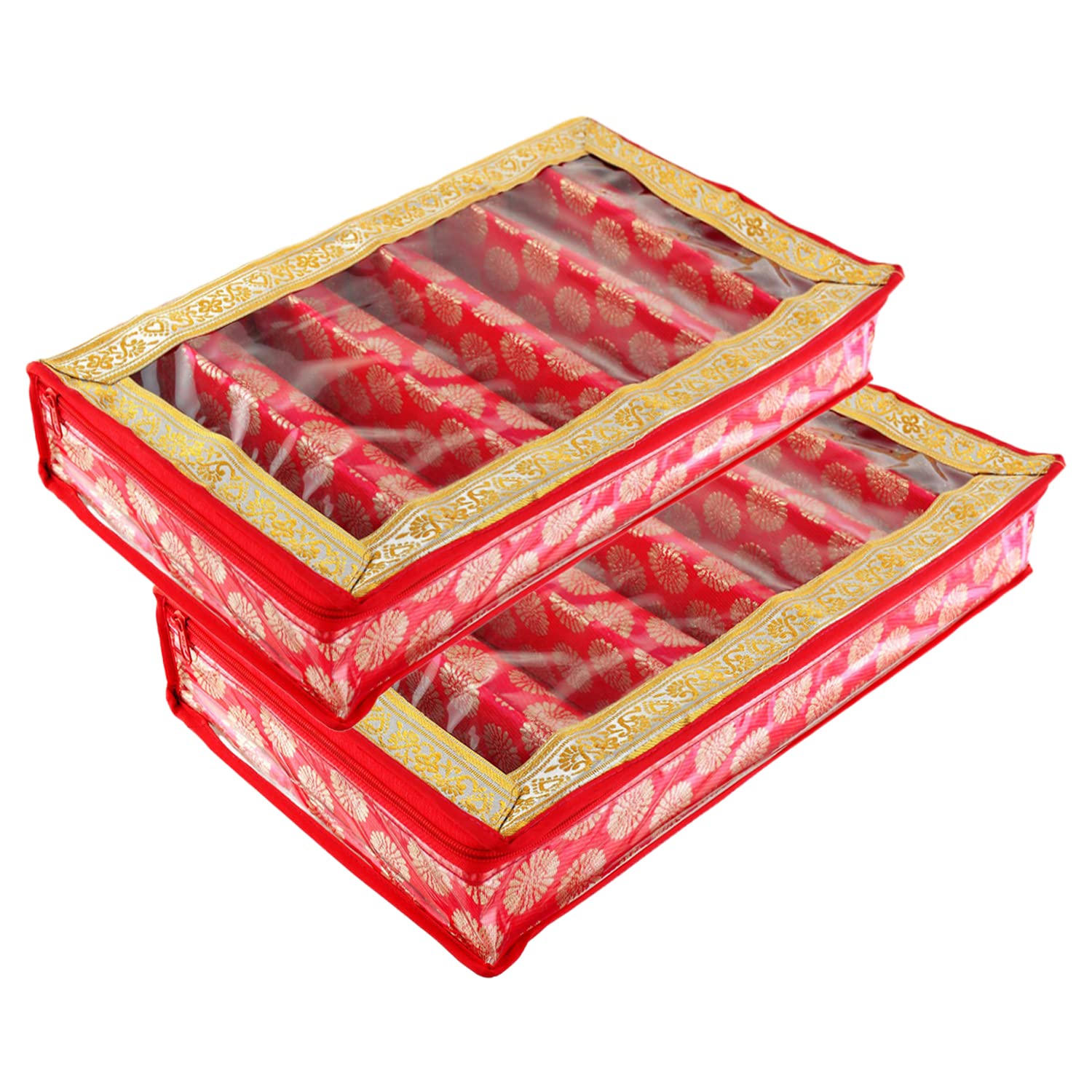 Kuber Industries Red Multipurpose Ornament Circle Design Laminated 6 Rod Bangle Box/Organizer/Case With Tranasparent Top - Pack Of 2 (Red)-47Km0431