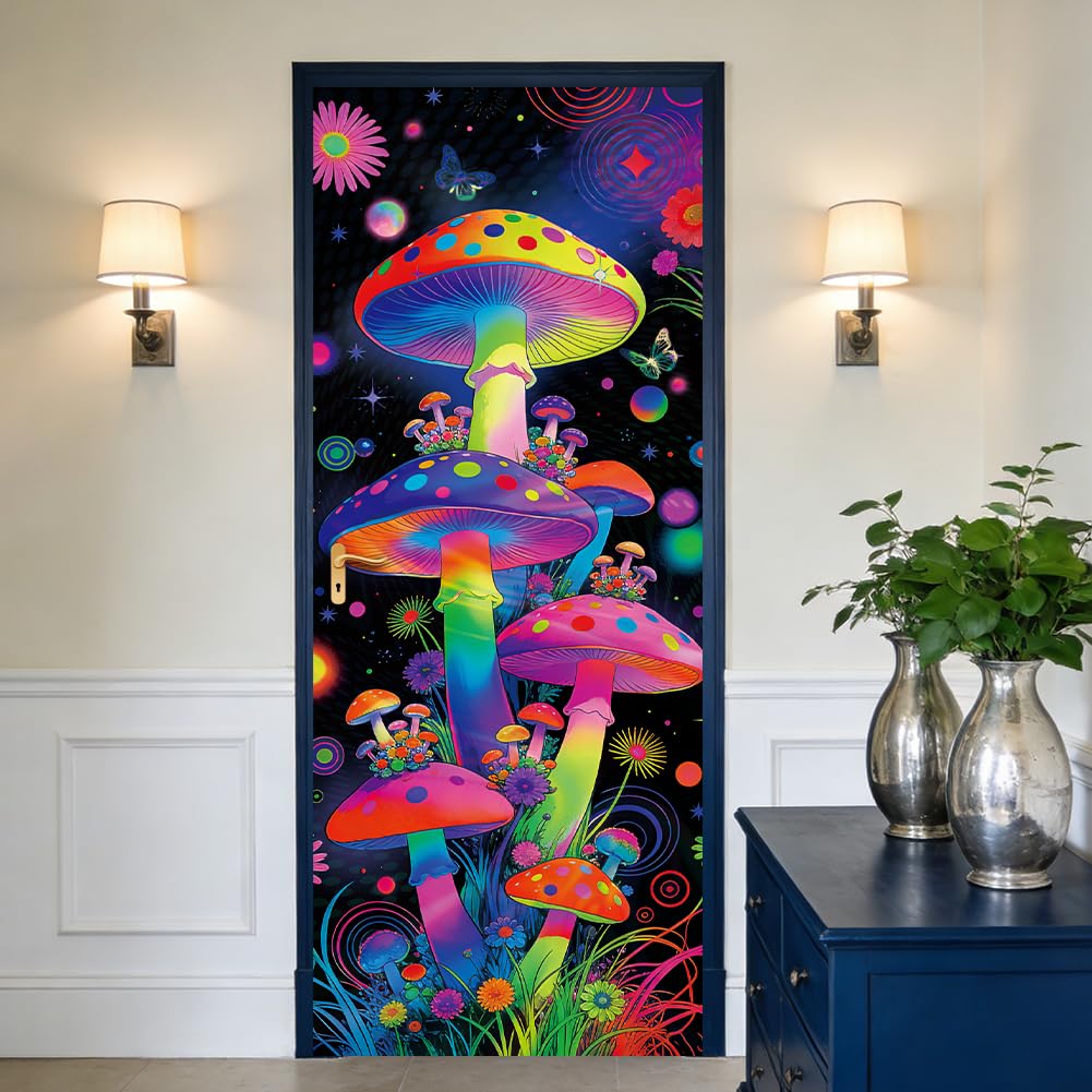 CRAFTYMELODY Door Sticker Peel Stick Removable Self Adhesive Door Mural Decal Vinyl PVC Waterproof Door Cover Wallpaper for Home Office Shop Decoration 31.48×78.74 Inch Neon Mushroom