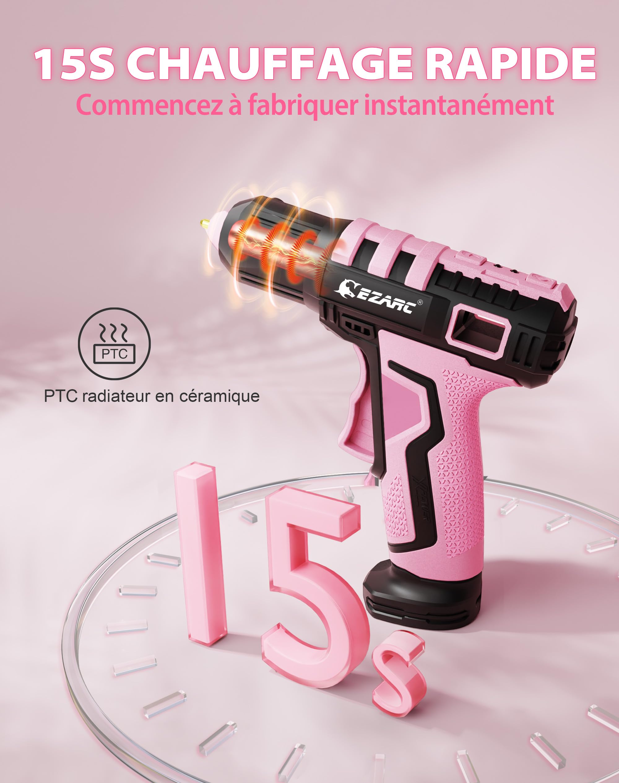 EZARC - Pistolet à colle chaude sans fil, chauffage rapide en 15 secondes, 30 mini bâtons de colle, mise en marche et arrêt sécuritaires, batterie lithium-ion intégrée de 2500 mAh