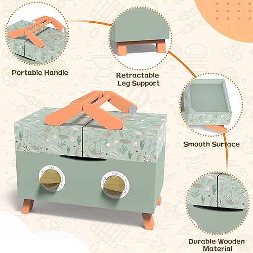 Miniatura 6 de Juego de parrilla de madera para niños, juego de cocina de barbacoa para niños, juego de parrilla con simulación de sonido, juguetes de cocina para