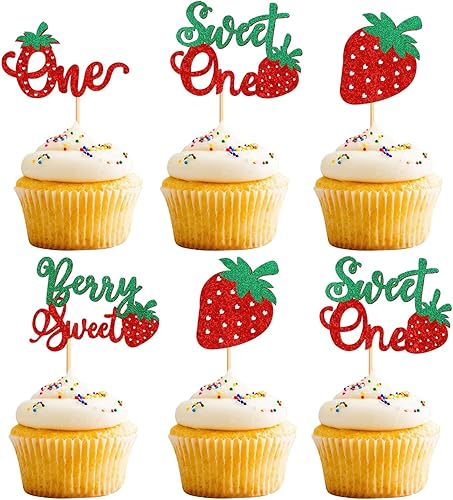 Paquete de 24 adornos para cupcakes de fresa y dulce para cupcakes para cumpleaños, boda, fiesta, baby shower, verano, jardín, fiesta, suministros