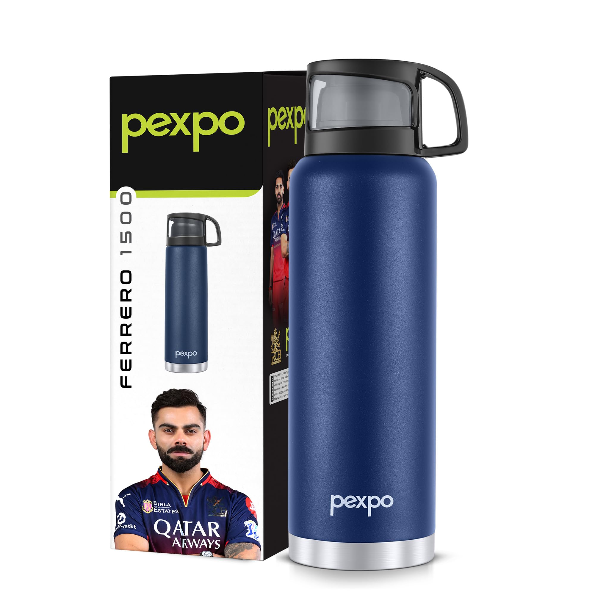 Pexpo Fererro 1500ml Stainless Steel Flask | Triple Wall Vacuum Insulated Hot & Cold Bottle | ISI Certified | Cup Designed Cap | for Office, Gym & Travel with Jute Bag - Denim Blue
