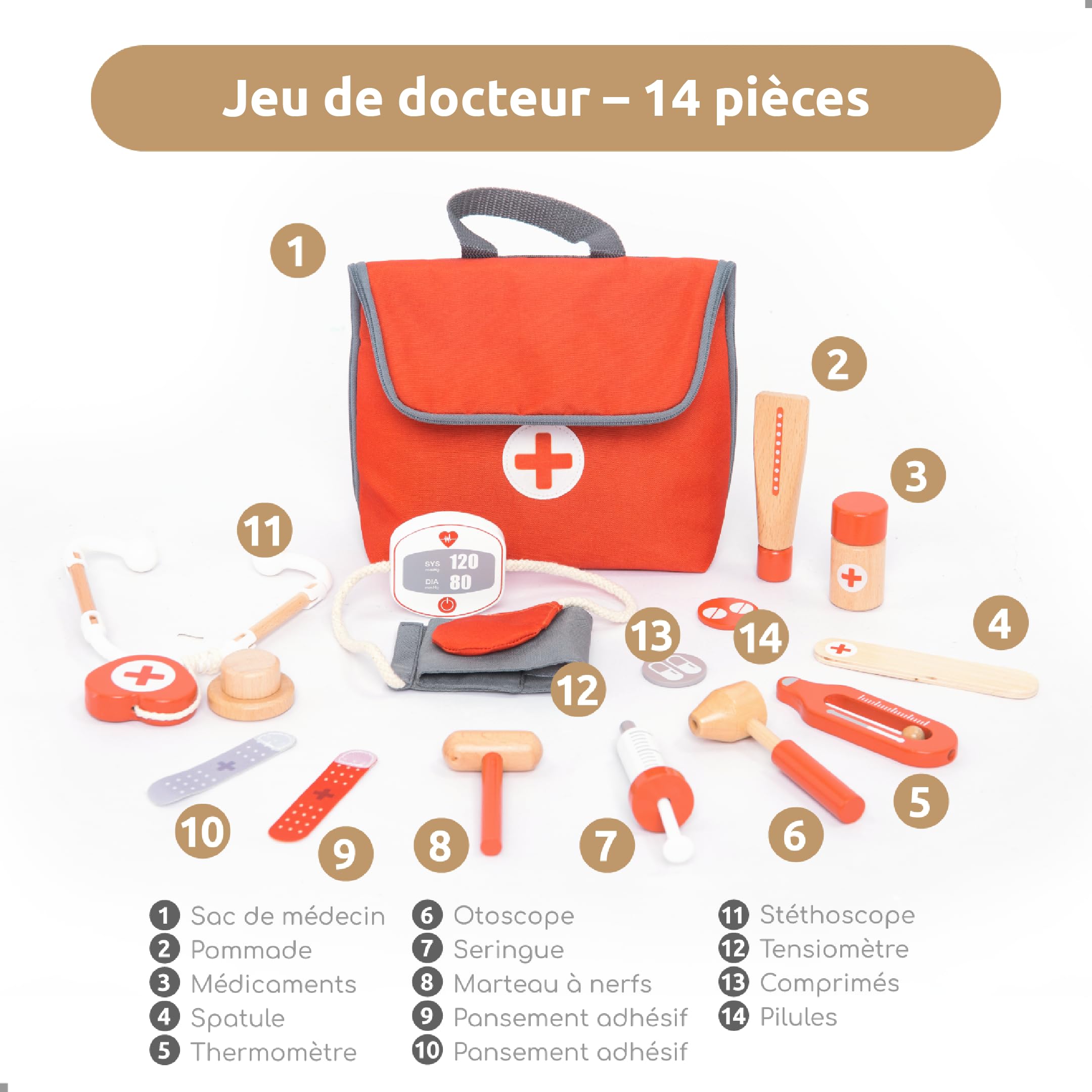 UMU® Mini Malette Docteur Enfant en Bois – Kit Médecin 14 Pièces avec Stéthoscope, Thermomètre, Tensiomètre, Seringue et Plus, Jouet Docteur pour Enfants dès 3 4 5 6 Ans, Jeu d’Imitation Éducatif