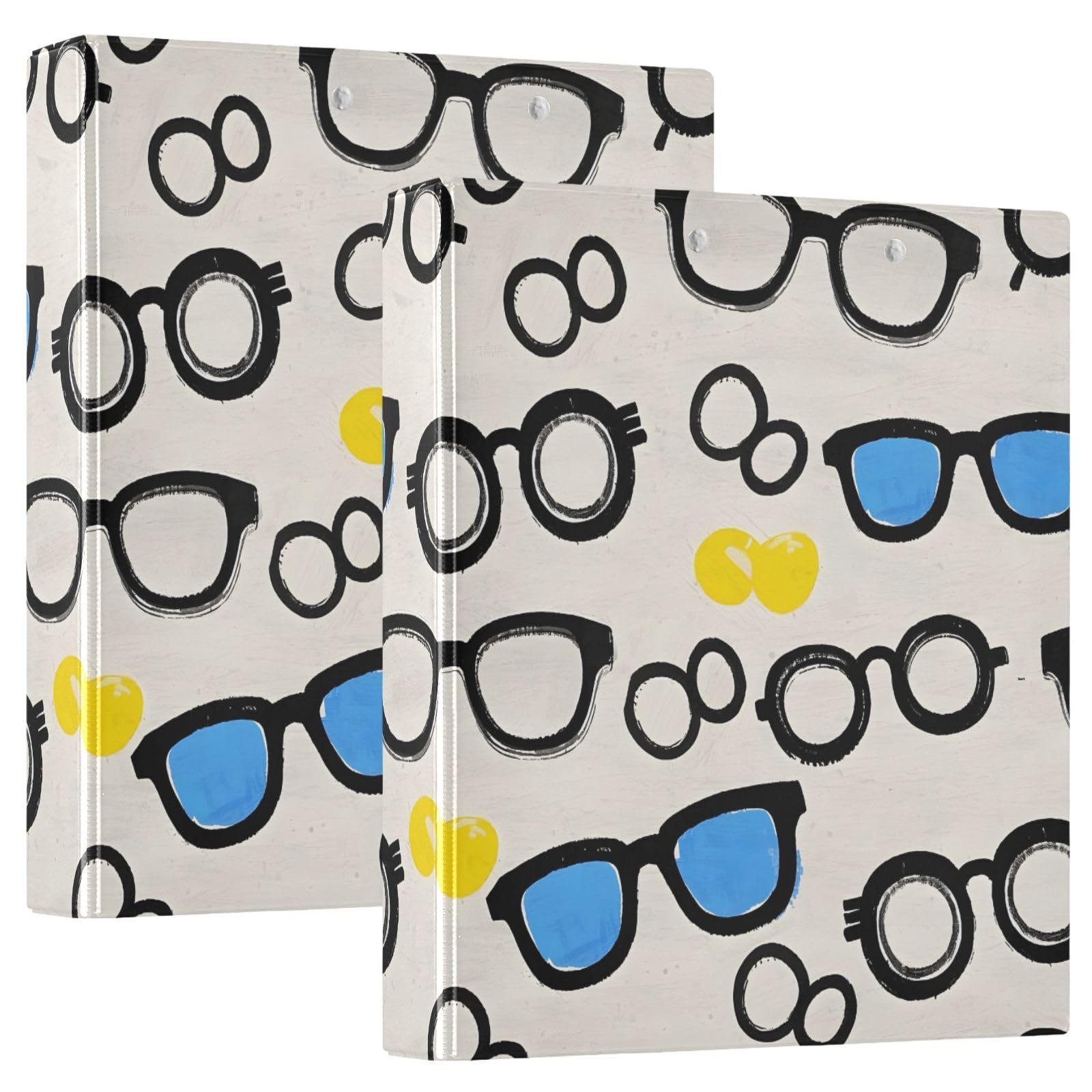 Glasses Summer Pattern 3 Ring Binder with 2 Interior Pockets 1.5 inch Binders 3 Ring Heavy Duty Fit 8.5" x 11" Letter Size for Office School, 2 Pack