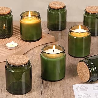 12Pcs Green Candle Jars for Making Candles, 7.5oz Glass Jars with Wooden Lids and Labels, Candle Containers for DIY, Gifts, Candles Making Supplies, Table Decor