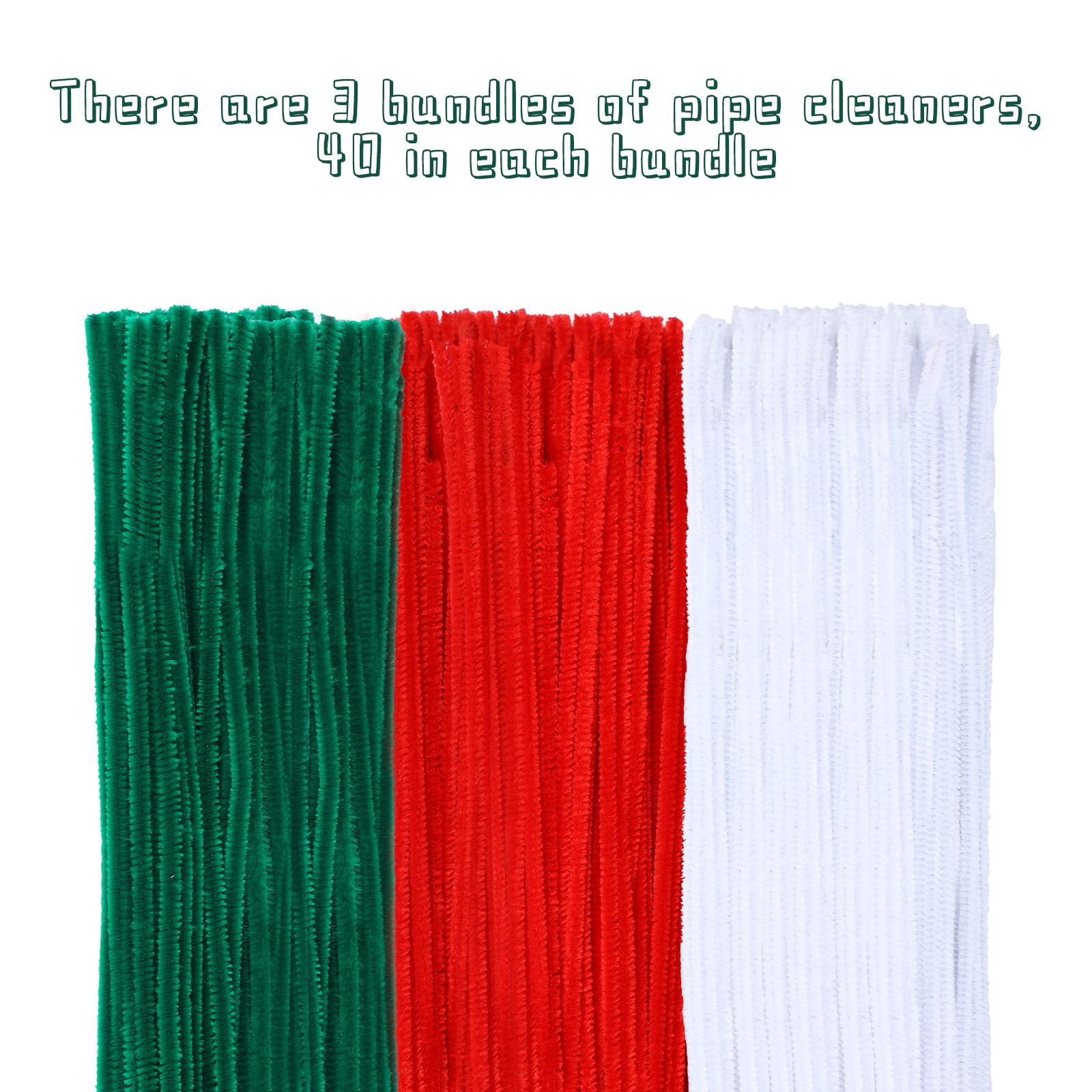 kdafio 120 Pieces Pipe Chenille Stems, Christmas Solid Color Pipe Cleaners Set for DIY Arts Crafts Decorations (Red+Green+White)