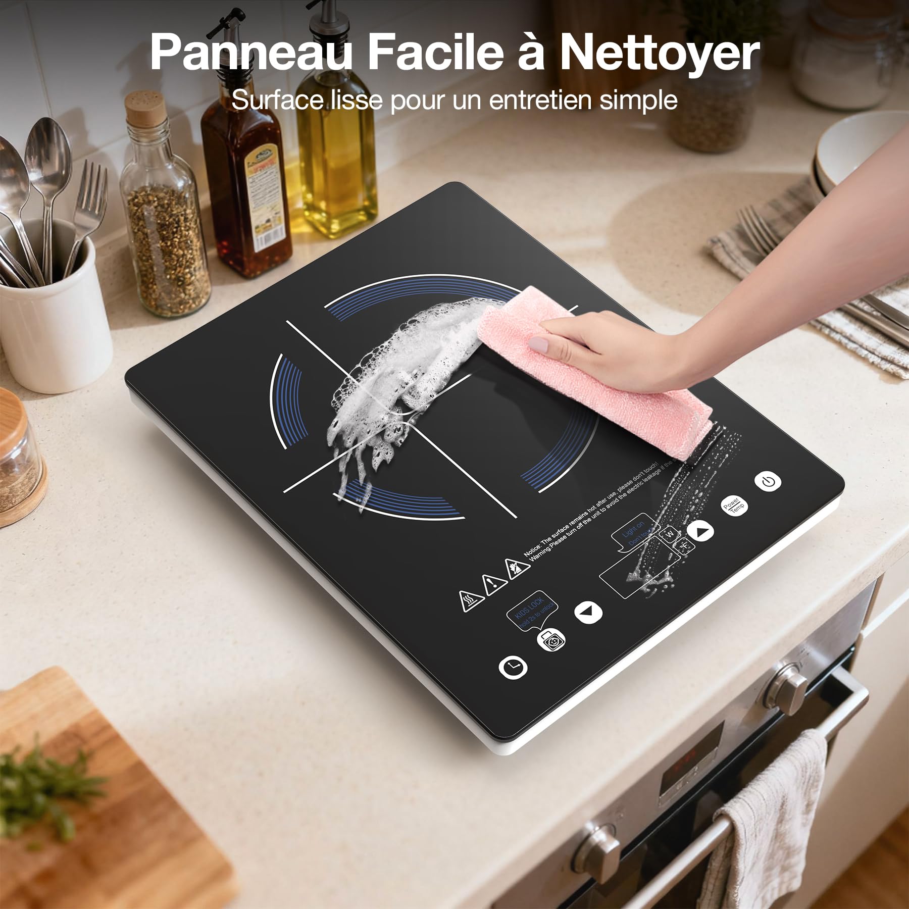 Plaque Vitrocéramique 1 Feu 2000W, Réchaud Électrique Portable avec Contrôle Tactile, 10 Niveaux, Compatible avec Toutes Casseroles, Plaque de Cuisson pour Camping-Car, Studio et Voyage