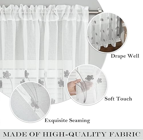 Miniatura 4 de Leeva Sheer Curtain Panels for Kids' Room, Embroidered Floral 96 Inch Long Semi Sheer Privacy Nature Linen Blend Drape, 2 Panels, Grey