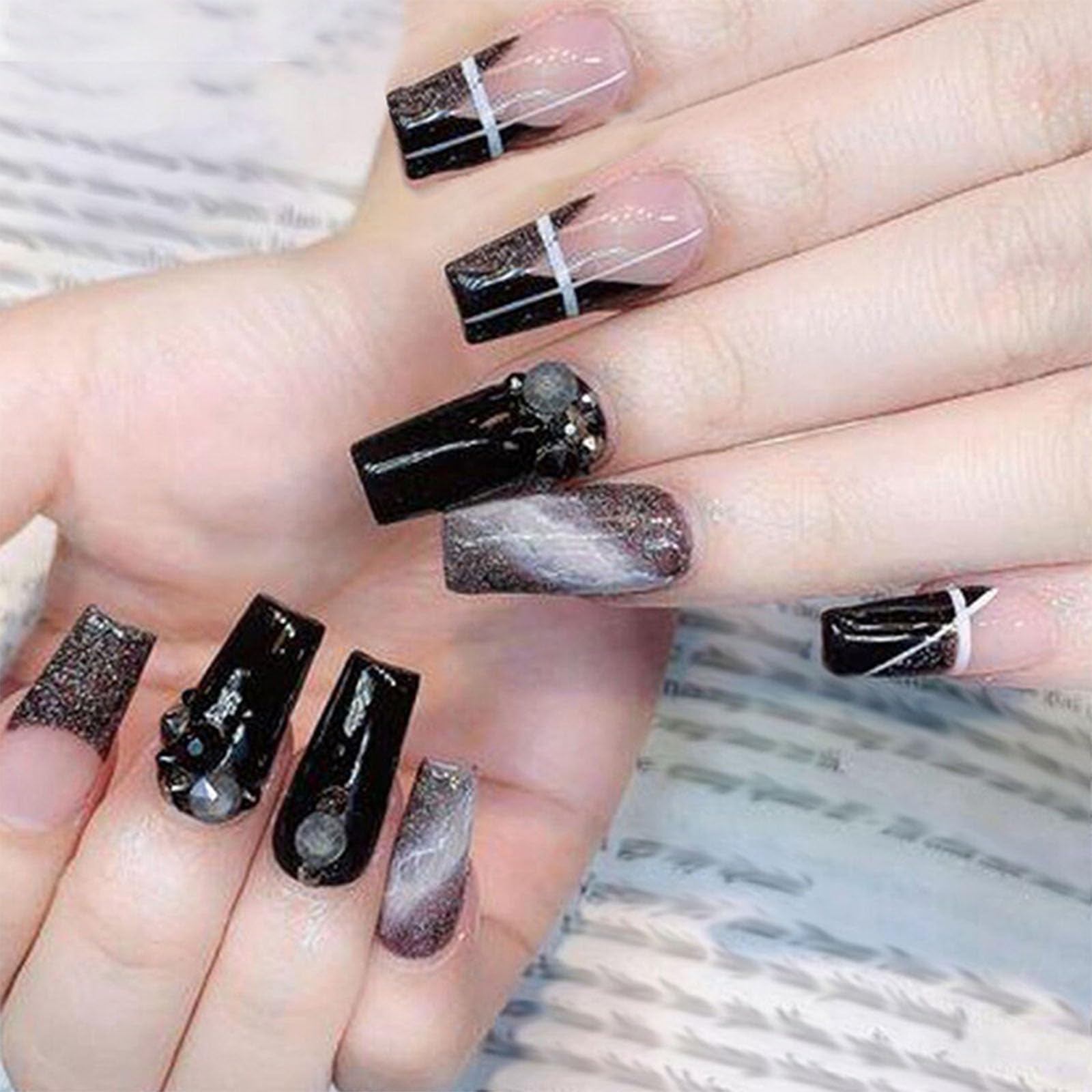 TUZANDW Black Press on Nails Medium Coffin Glue on Nails Medium Length Fake Nails with Glue Marble Designs Full Cover Acrylic False Nails Artificial