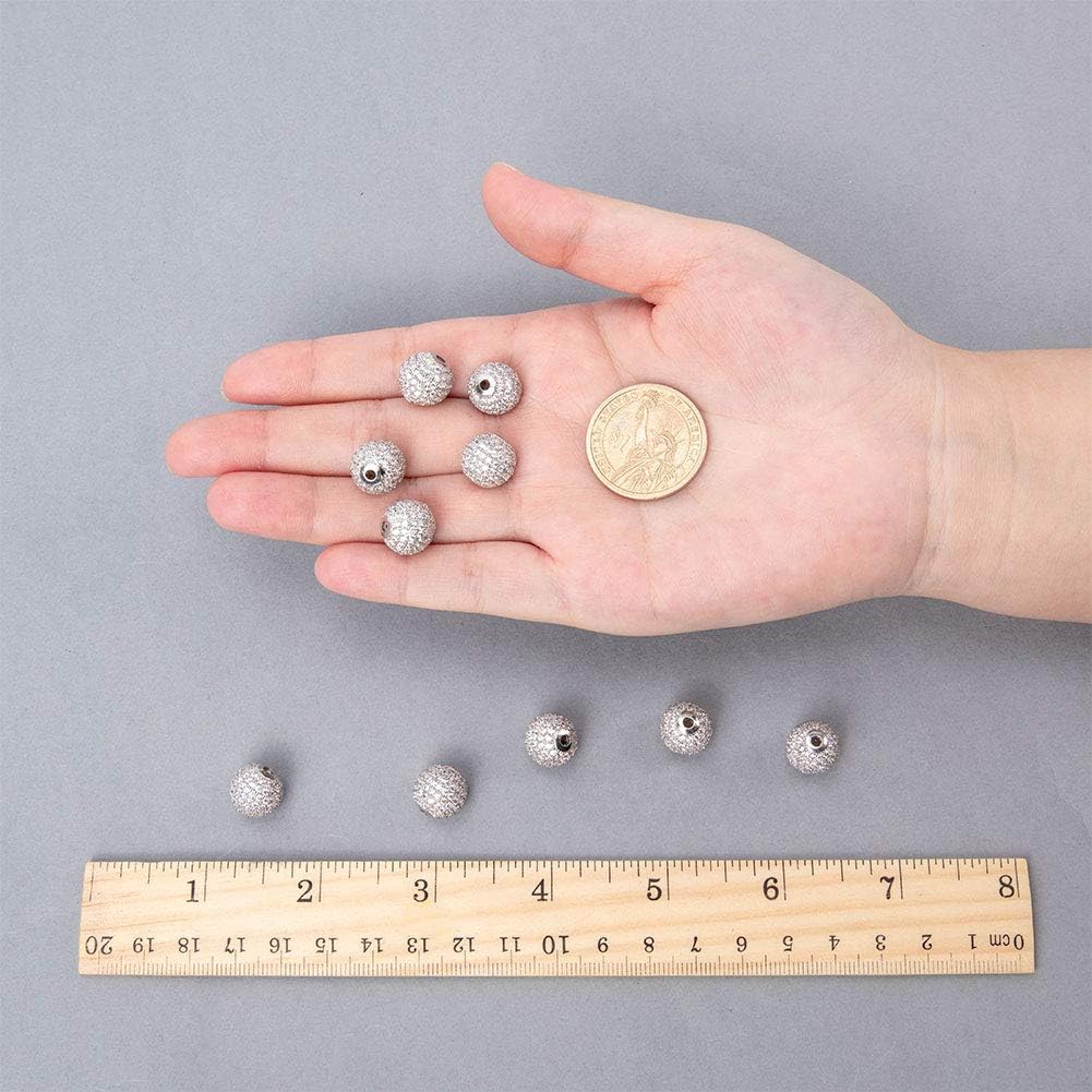NBEADS 10 Pcs 12mm Platinum Color Brass Cubic Zirconia Beads, Clear Crystal Cubic Zirconia Micro Pave Disco Ball Beads Brass Round Loose Beads for Jewelry Making