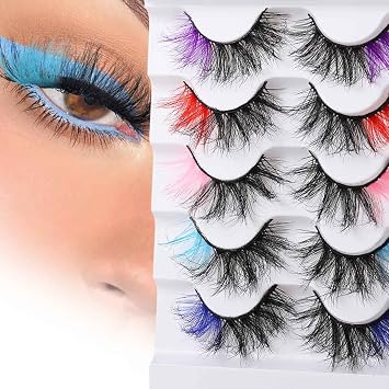 Uranian 5 Pairs Colored Lashes Fake Eyelashes Mink Eyelash with Colors Fluffy Colorful False Lashes D Curl Extensions Strip for Women
