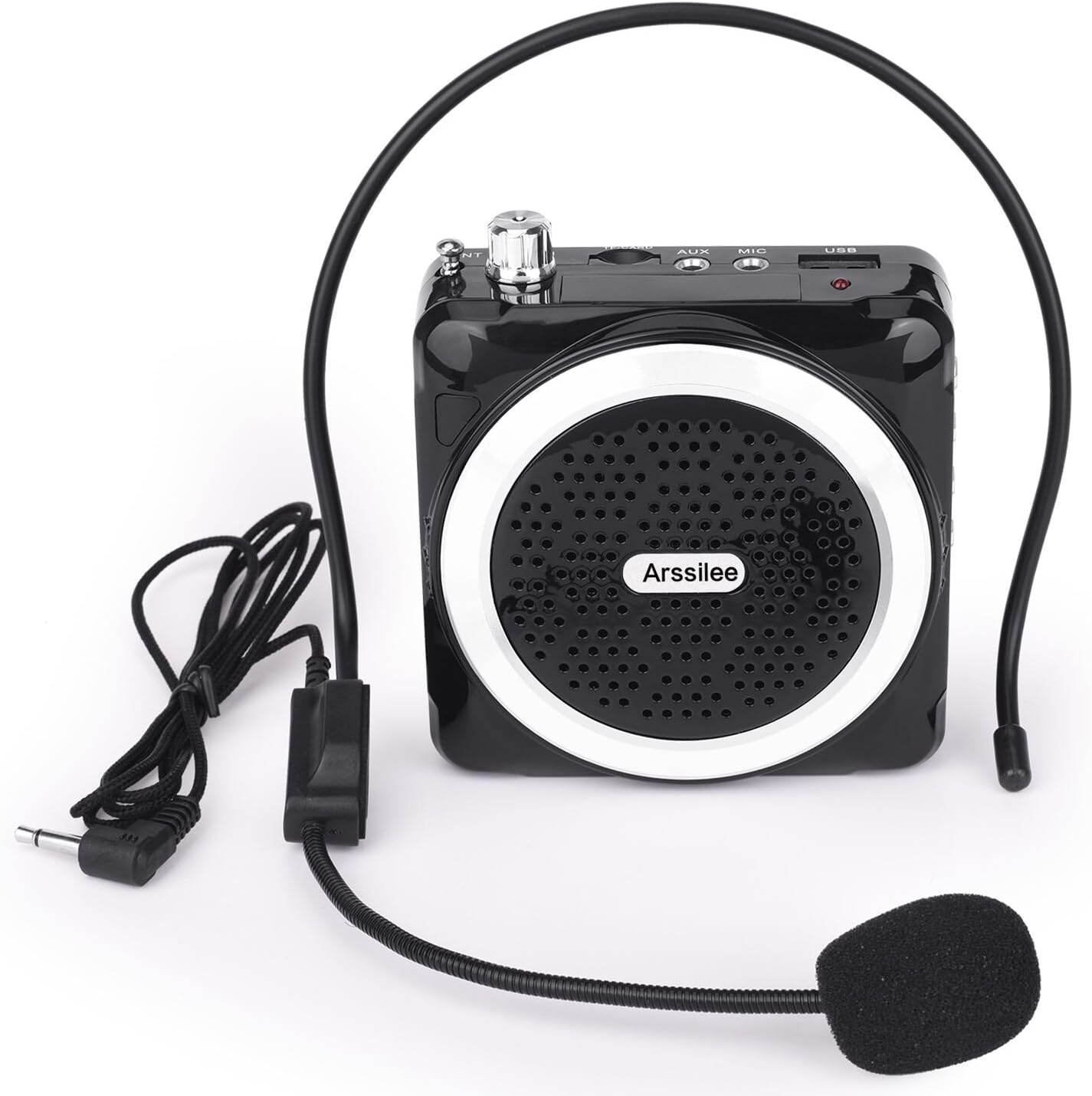 Arssilee Wireless Black Voice Amplifier With Personal Microphone Rechargeable Loud Speaker With Wired Headphone for Teachers Presentations