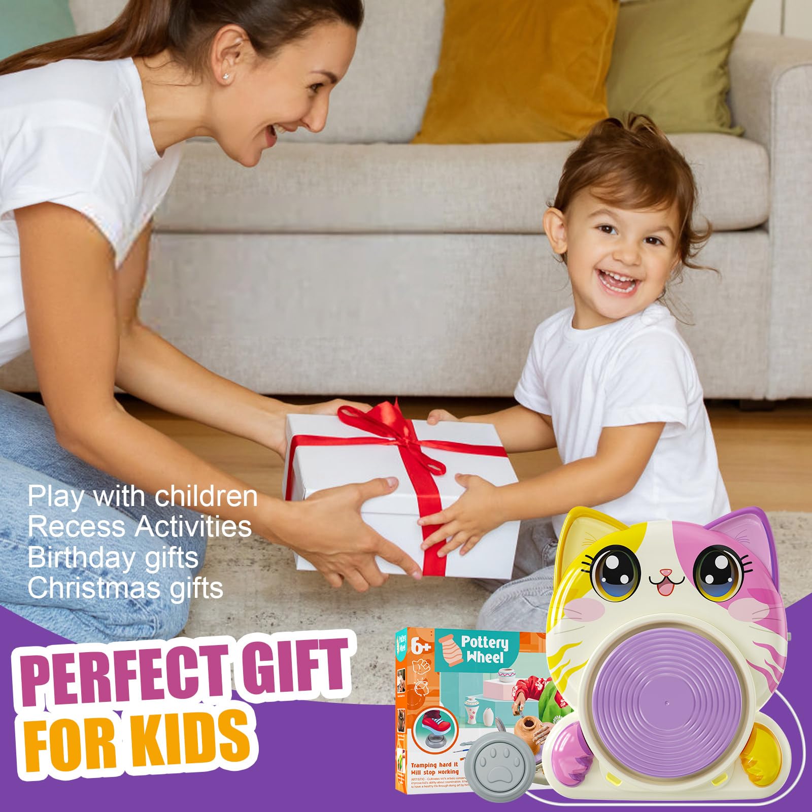 Roaxkoi Il tornio elettrico per bambini di- set per ceramica fai da te con argilla, colori, strumenti e adesivi - mini tornio da 6 anni, 2 livelli, design a gatto - regalo per bambine e bambini
