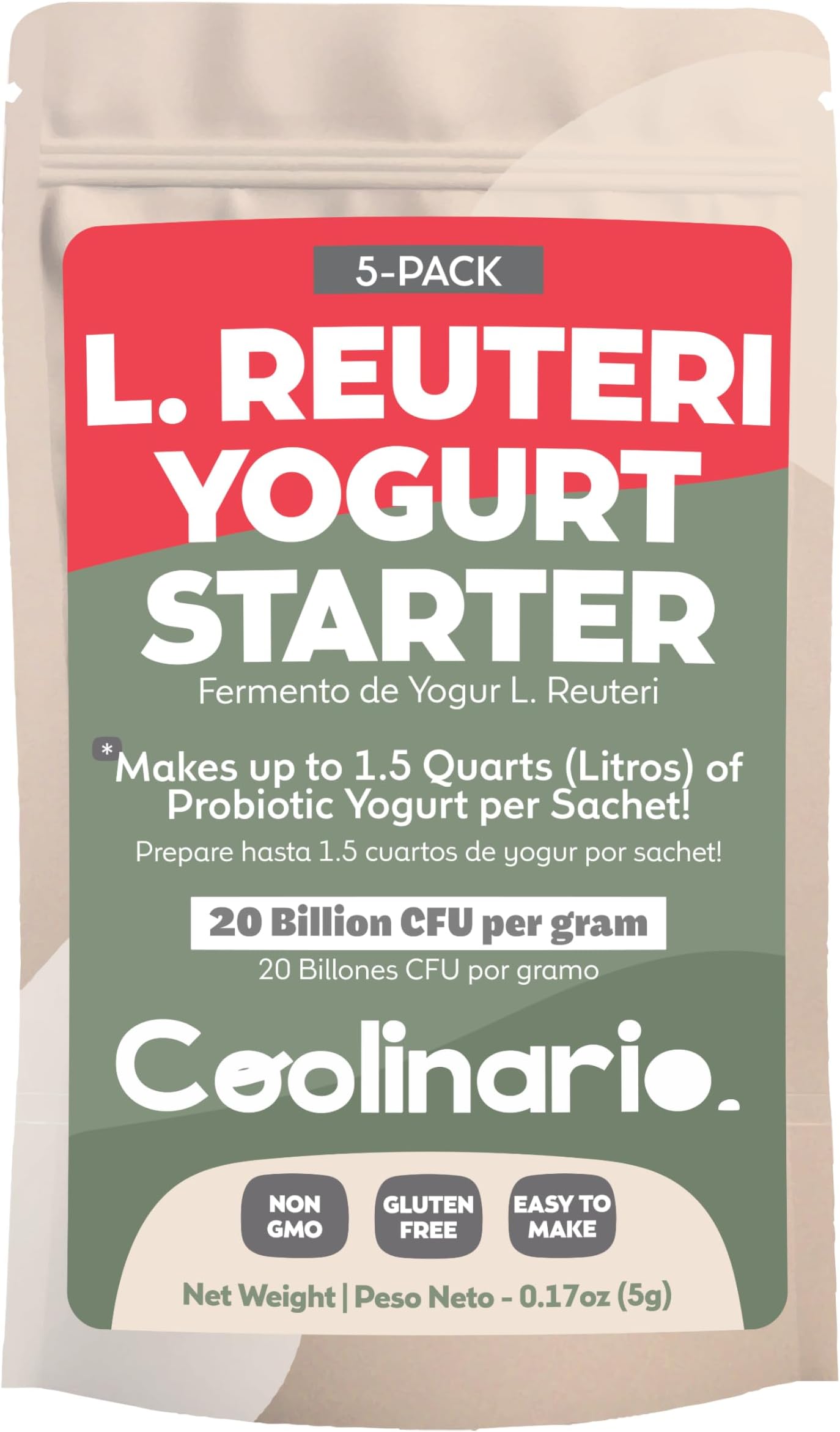 Coolinario L Reuteri Yoghurt Starter (5-Pack, 1g Sachets) Yogurt Starter Culture with Lactobacillus Reuteri Probiotics | Creamy & Delicious | Non-GMO, No Preservatives, Gluten Free, Halal, Kosher