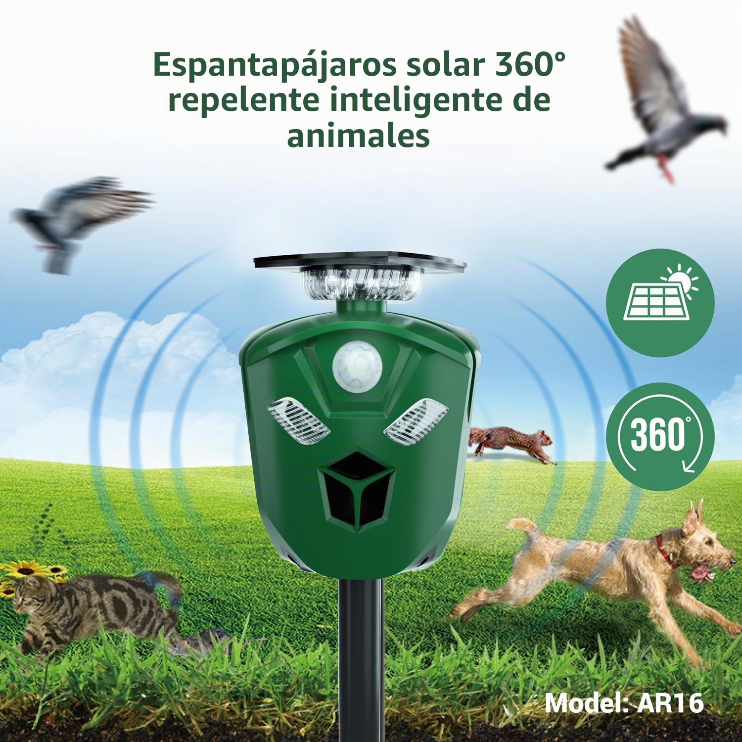 Ahuyentador Solar | Corzos | Cabras | Cérvidos | 3 sensores de Movimiento con 360º | Ultrasonidos y Sonidos | Luz Flash |