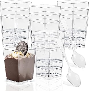 Tosnail 60 Pack 4 Oz Plastic Dessert Appetizer Tumbler Cups with 60 Spoons, Clear Parfait Cups Slanted Pudding Cups, Disposable Dessert Shooter for Weddings, Party Event, Business