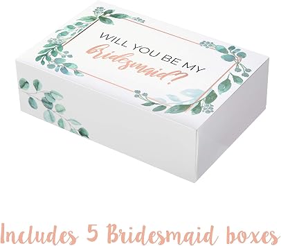 Pop Fizz Designs Bridesmaid Proposal Box Set - 6 Pack with 1 Maid of Honor and 5 Bridesmaid Boxes - Greenery with Rose Gold Foil