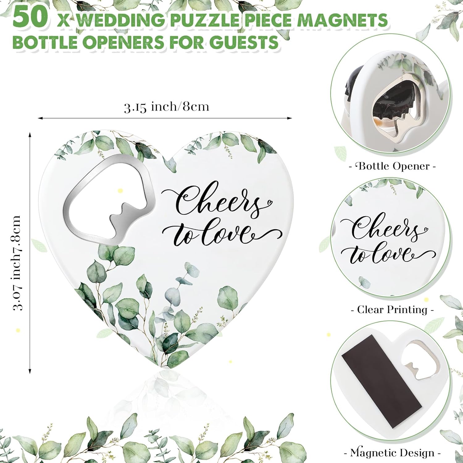 Maxcheck 50 Sets Wedding Thank You Gifts Bulk Heart Shaped Bottle Opener Cheers to Love Fridge Magnet Thank You Card and Organza Bag Bridal Party Gifts for Wedding Favors