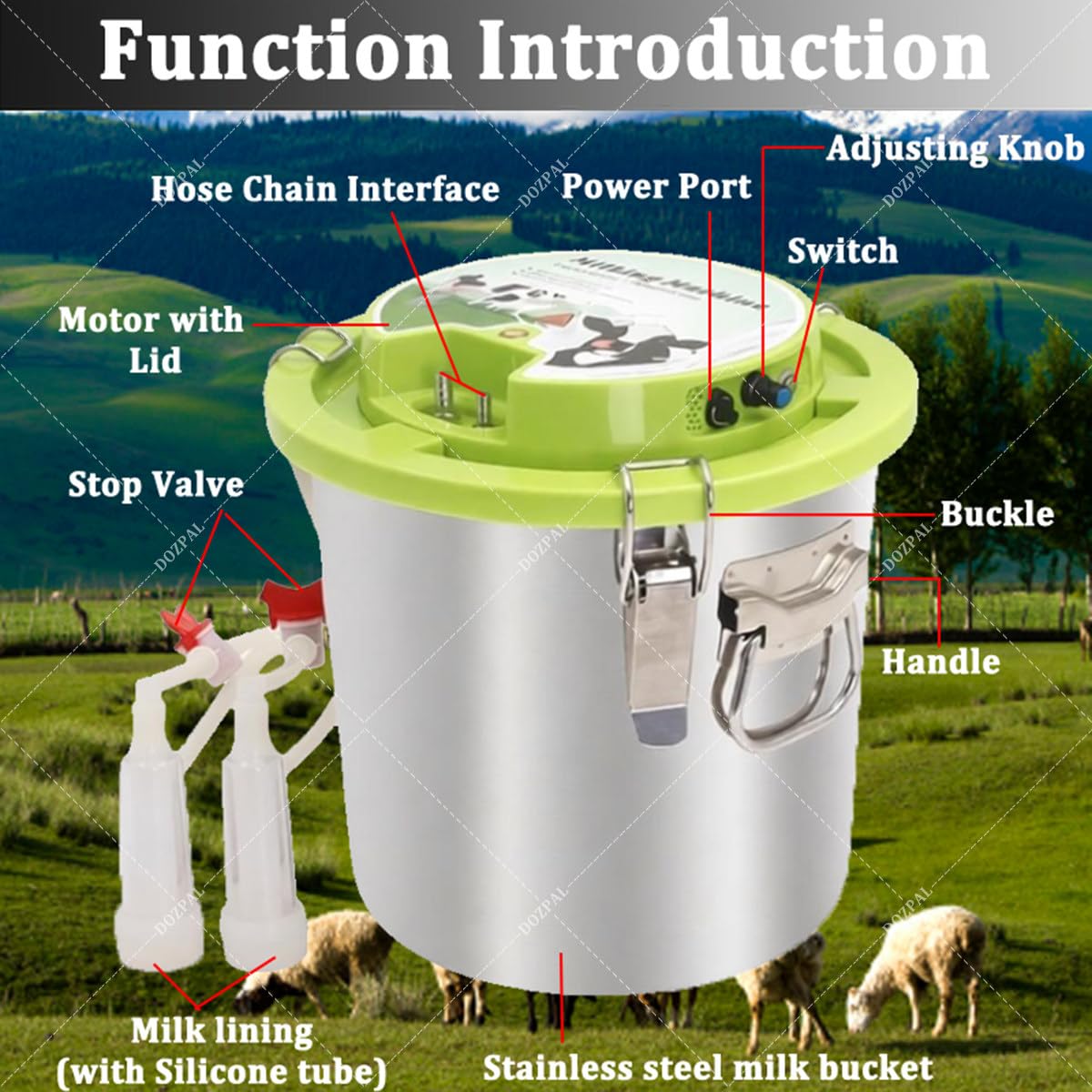Mungitrice Portatile per capre da 8L/12L, Attrezzatura di mungitura Ricaricabile Tutto in Uno per Uso Domestico e agricolo, con Secchio in Acciaio Inox, Arresto Automatico della mungitura 12L
